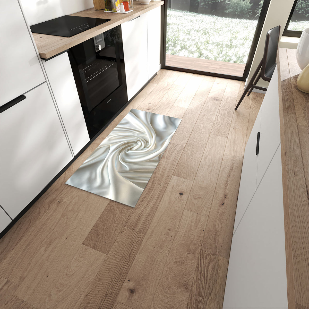 Geruchsneutraler abwaschbarer Küchenteppich mit Motiv Seidene Textur in moderner Küche #grösse_60 x 120 cm