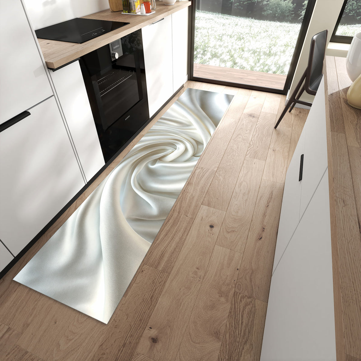Komfortabler Küchenteppich mit Motiv Seidene Textur in moderner Küche