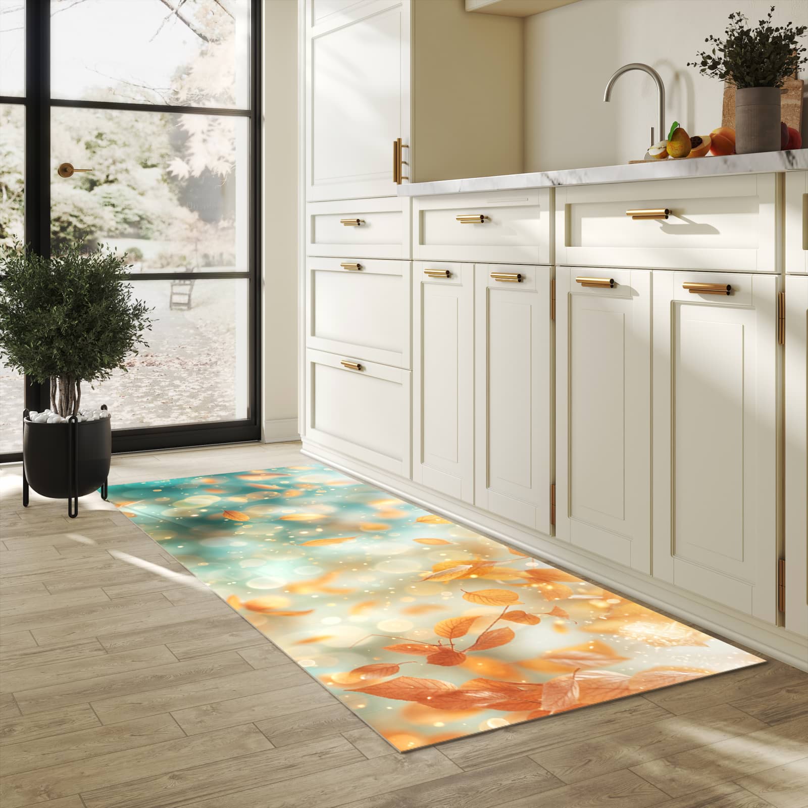 Flacher rutschfester Küchenläufer mit Motiv Herbstblätter Traum in heller Küche