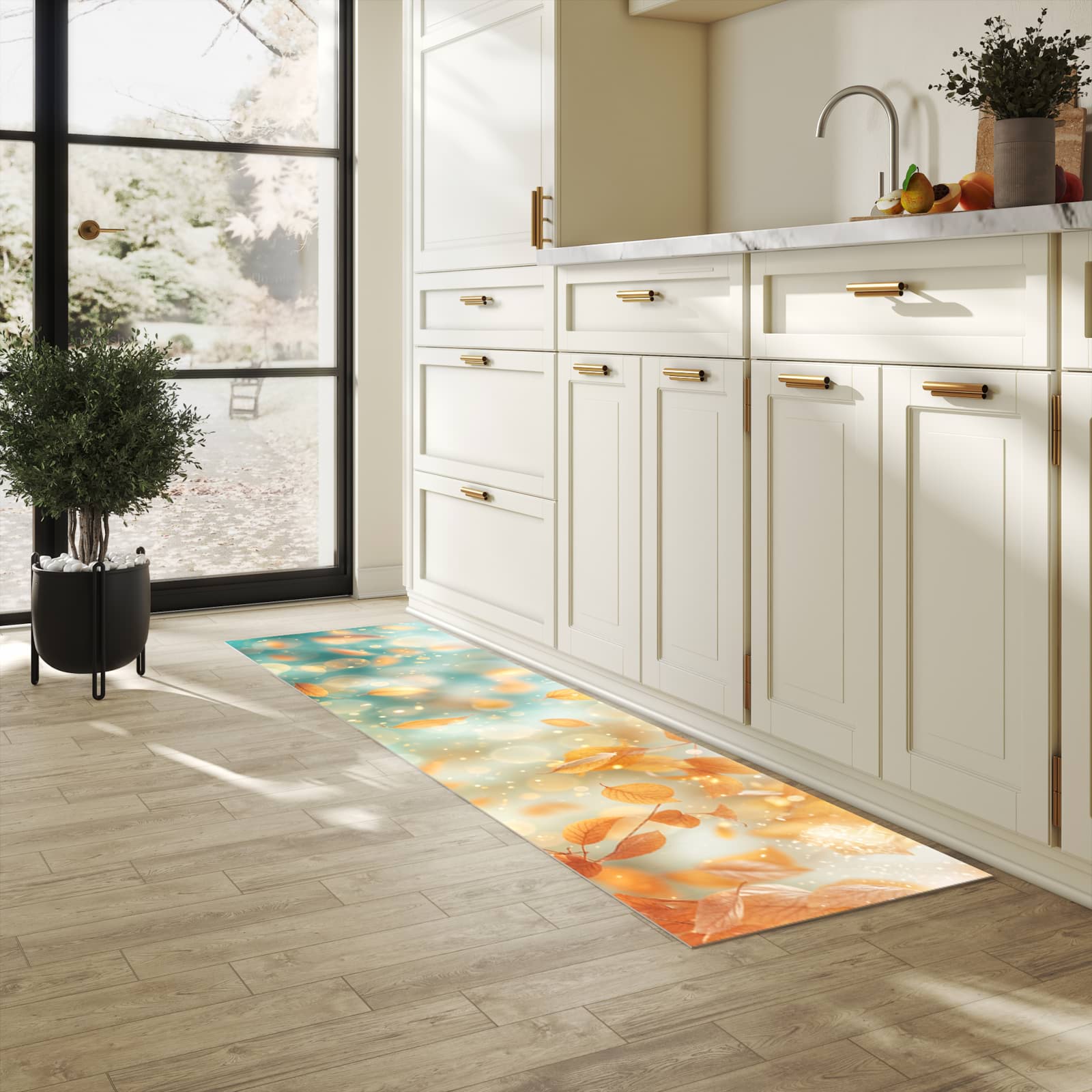 Geräuschdämpfender rutschfester Küchenteppich mit Motiv Herbstblätter Traum in heller Küche