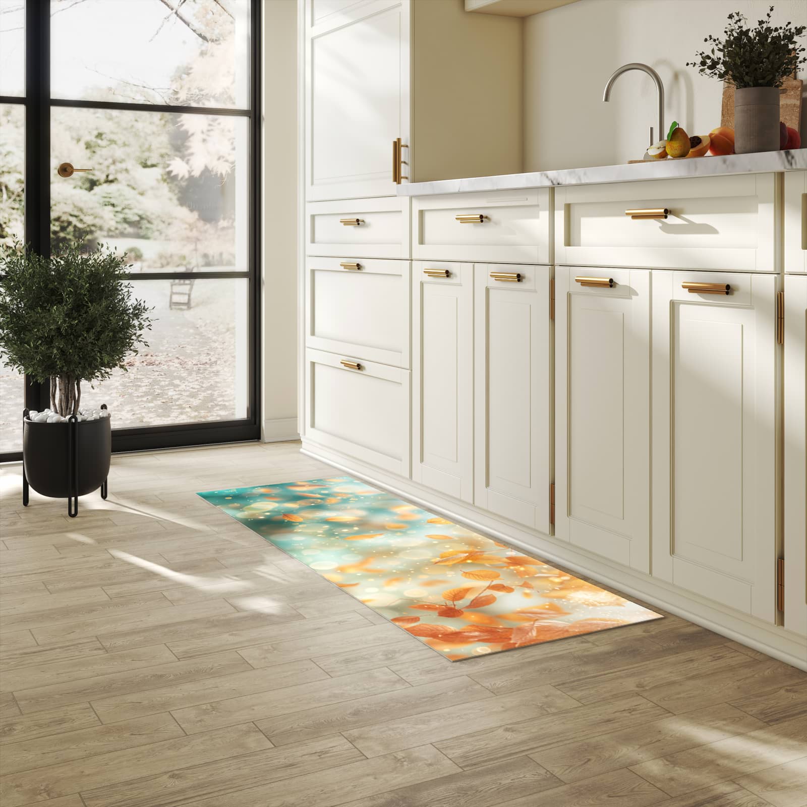 Zeitsparender großer Küchenteppich mit Motiv Herbstblätter Traum in heller Küche