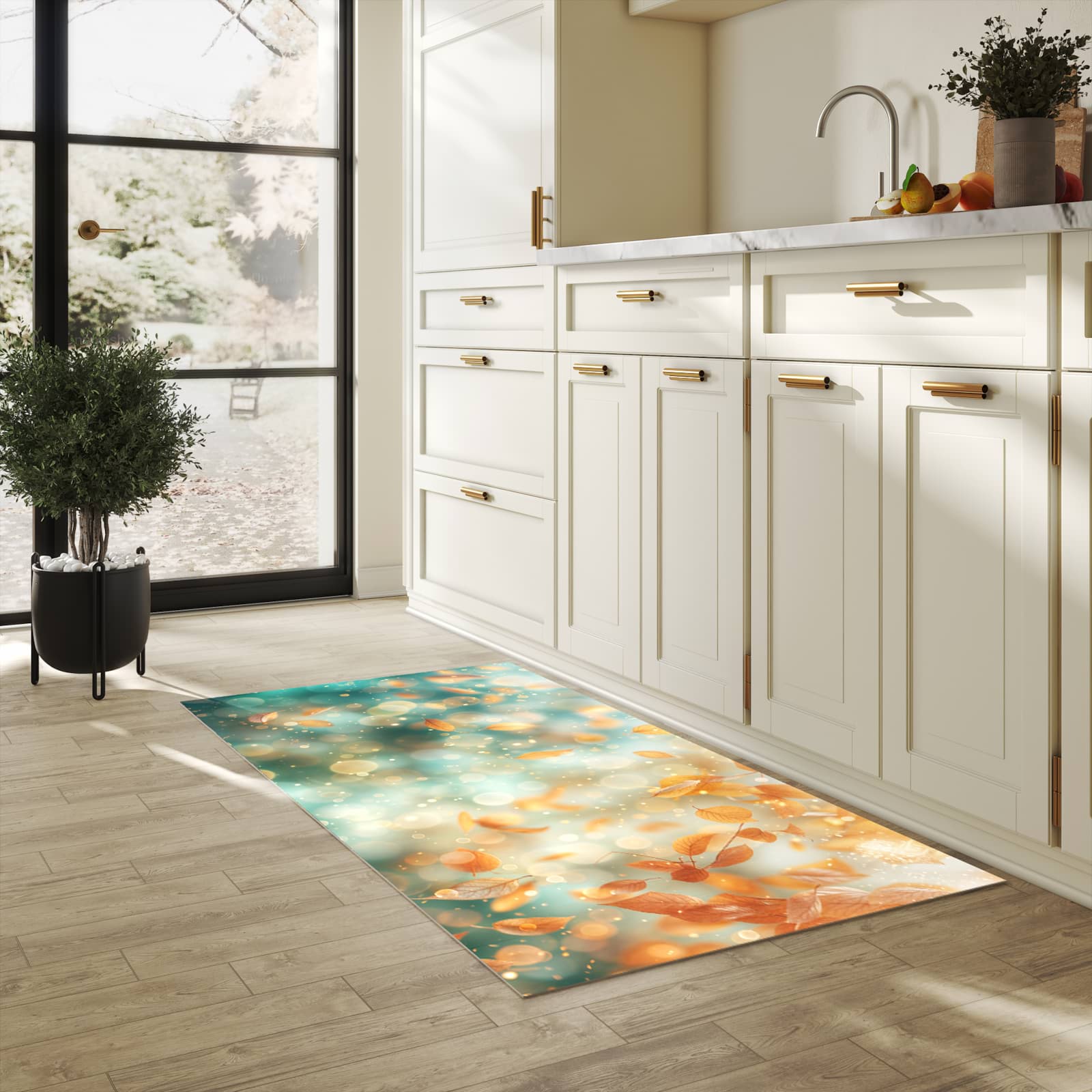 Langlebiger waschbarer Küchenläufer mit Motiv Herbstblätter Traum in heller Küche