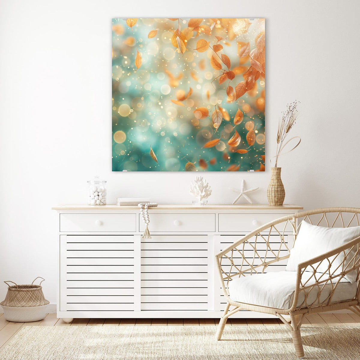 Glasbild Goldene Blätter im Flug an der Wand – Orangegoldene Blätter schweben vor türkisem Bokeh mit Lichtpunkten