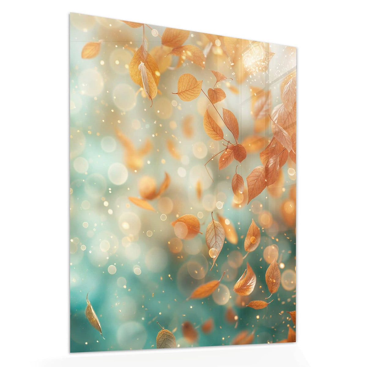 Echtglas, 4 mm – kein Acryl, keine Folie – Wandbild - Goldene Blätter im Flug - Hochformat