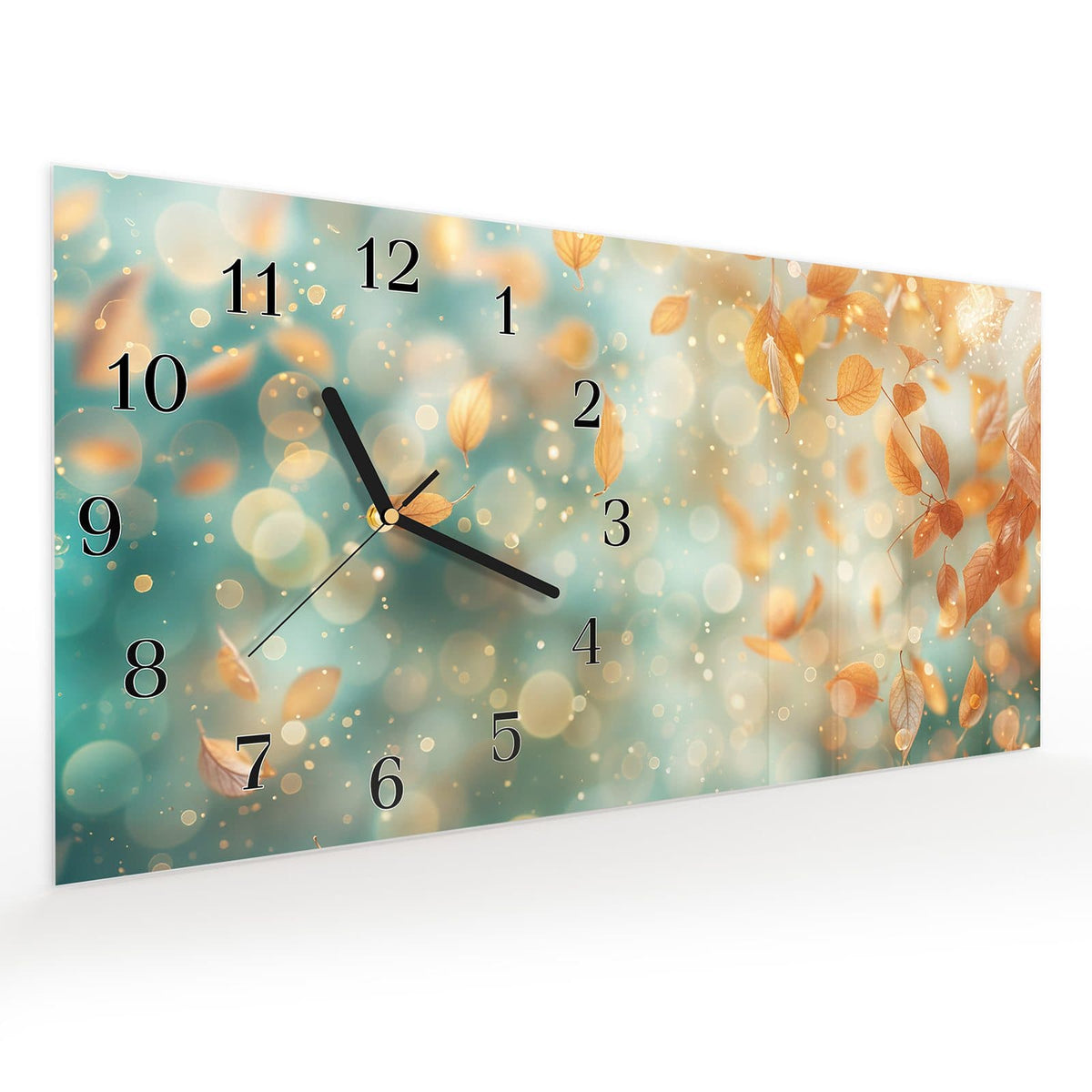 Vormontiert – mit Schwebeeffekt – Wanduhr Herbstblätter Traum aus Glas – Querformat 60 × 30 cm