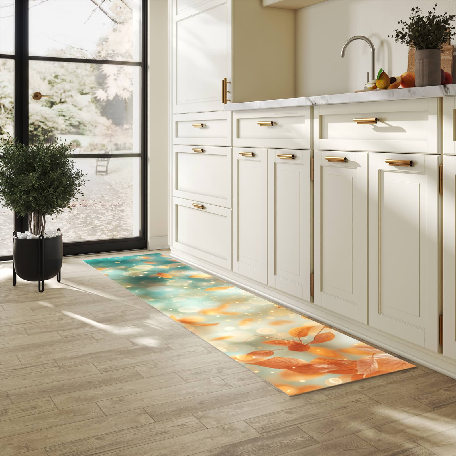 Abriebfester Küchenteppich mit Motiv Herbstblätter Traum in heller Küche