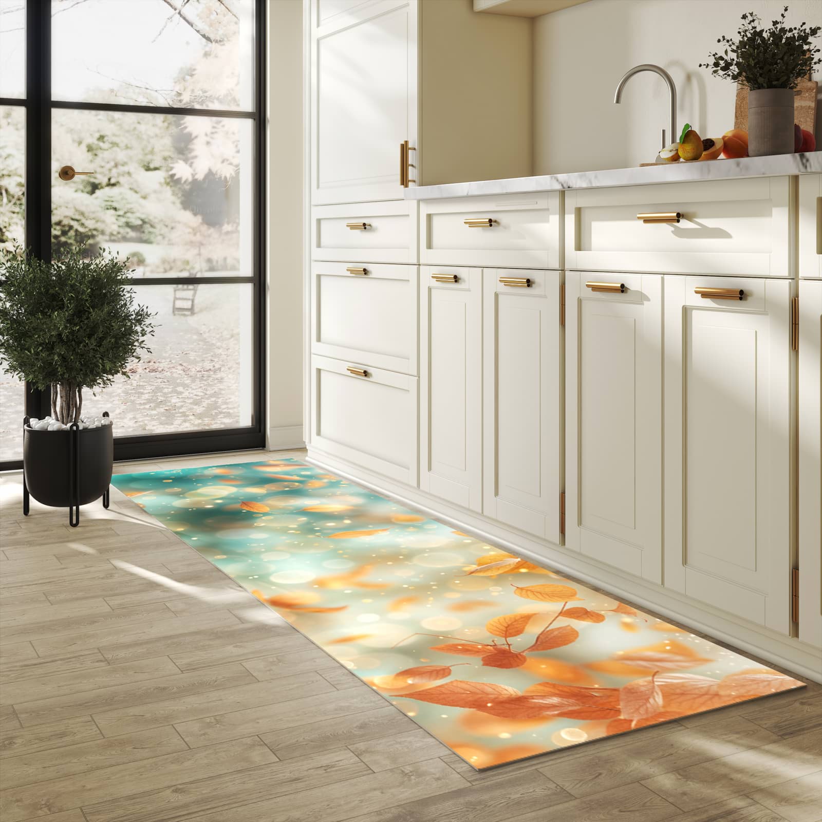 Schmutzabweisender rutschfester Küchenläufer mit Motiv Herbstblätter Traum in heller Küche