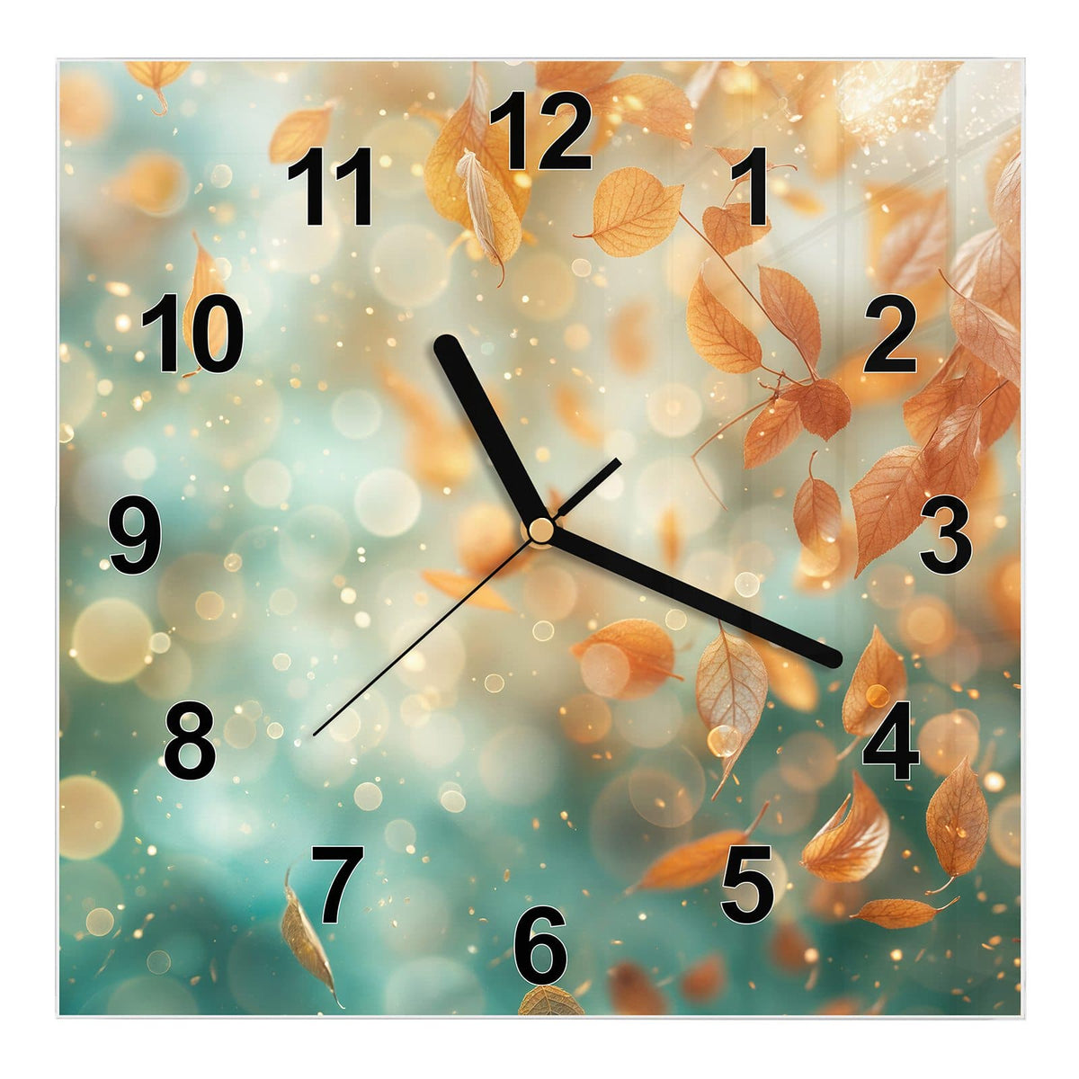 Wanduhr aus Glas, Ziffernblatt Modern mit Motiv Goldene Blätter im Flug: Orangegoldene Blätter schweben vor türkisem Bokeh mit Lichtpunkten #ziffernblatt_Modern