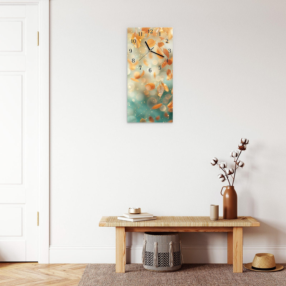 Moderne Wanduhr aus Glas mit Farbtiefe – Wanduhr Herbstblätter Traum aus Glas – Hochformat 30 × 60 cm