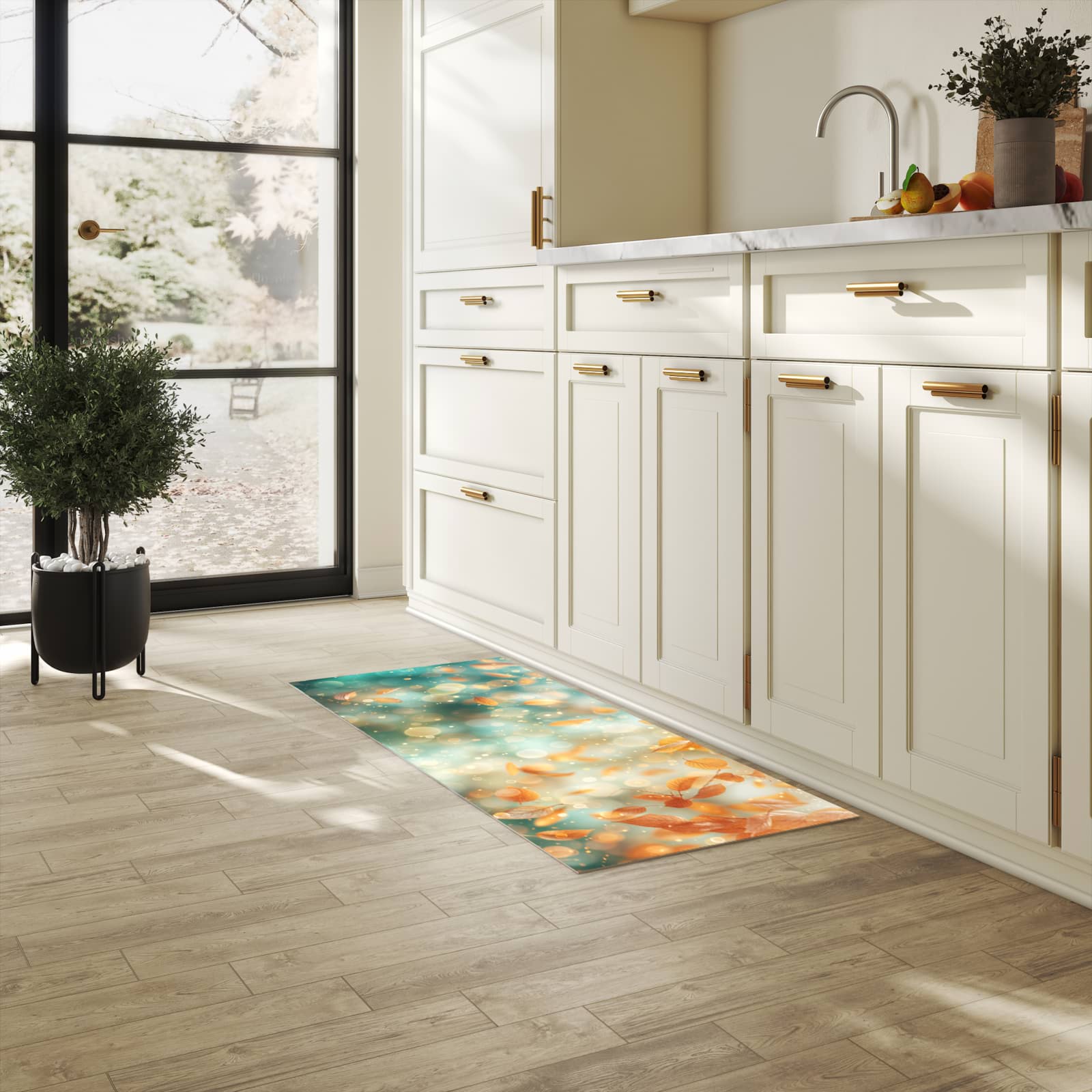 Waschbarer Küchenteppich mit Motiv Herbstblätter Traum in heller Küche für sichere Aufbewahrung