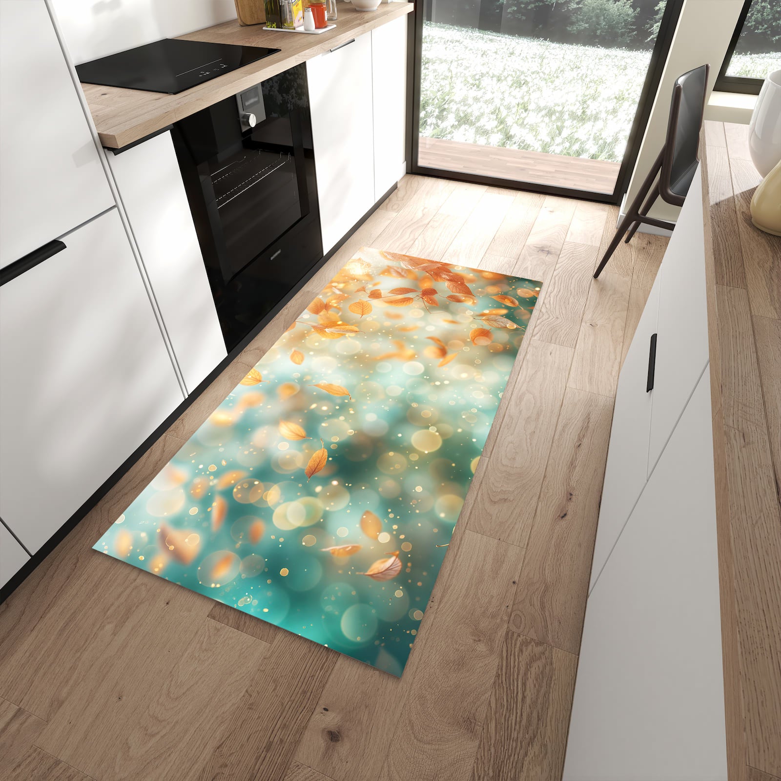 Fleckenresistenter moderner Küchenläufer mit Motiv Herbstblätter Traum in moderner Küche