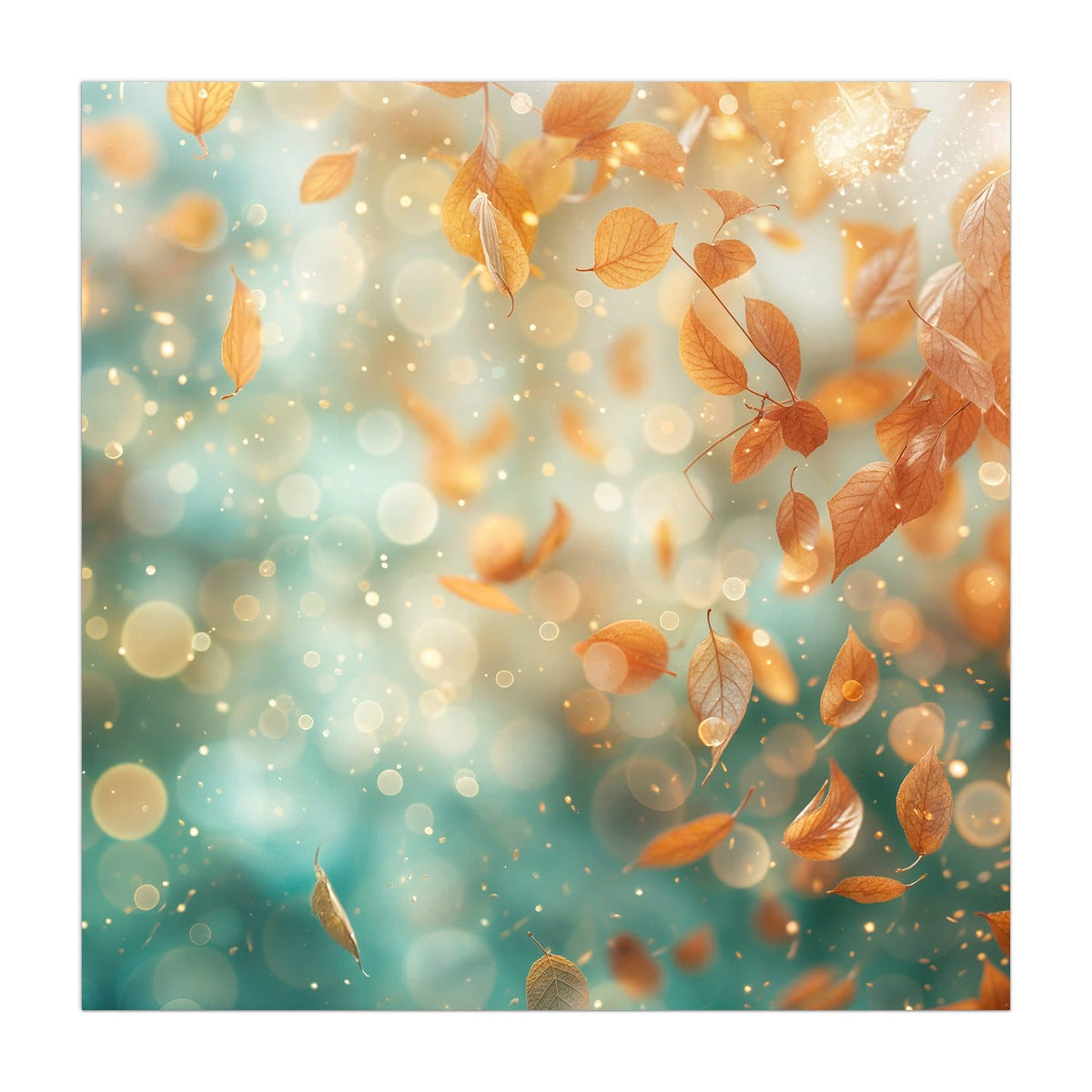 Orangegoldene Blätter schweben vor türkisem Bokeh mit Lichtpunkten