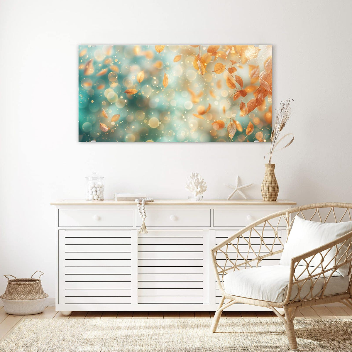 Echtglas, 4 mm – kein Acryl, keine Folie – Wandbild - Goldene Blätter im Flug - Querformat