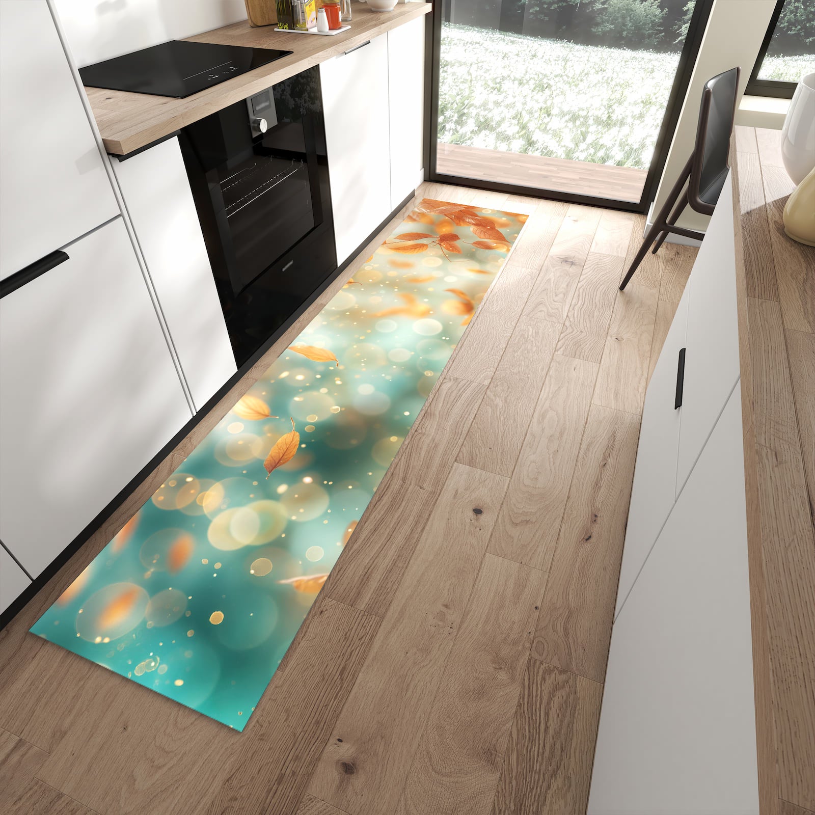 Rutschfester Küchenläufer mit Motiv Herbstblätter Traum für sicheren Stand in moderner Küche