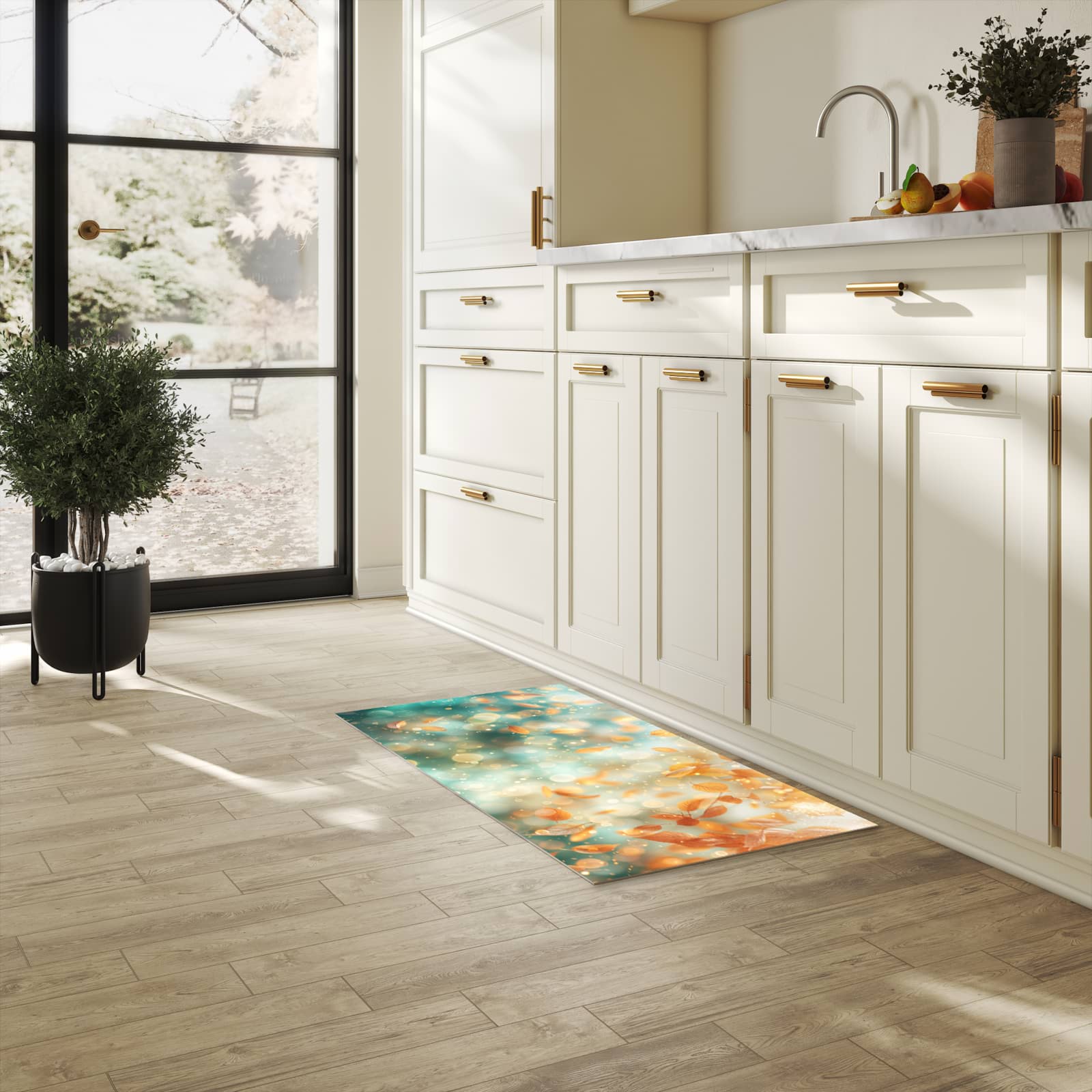 Formstabiler waschbarer Küchenteppich mit Motiv Herbstblätter Traum in heller Küche