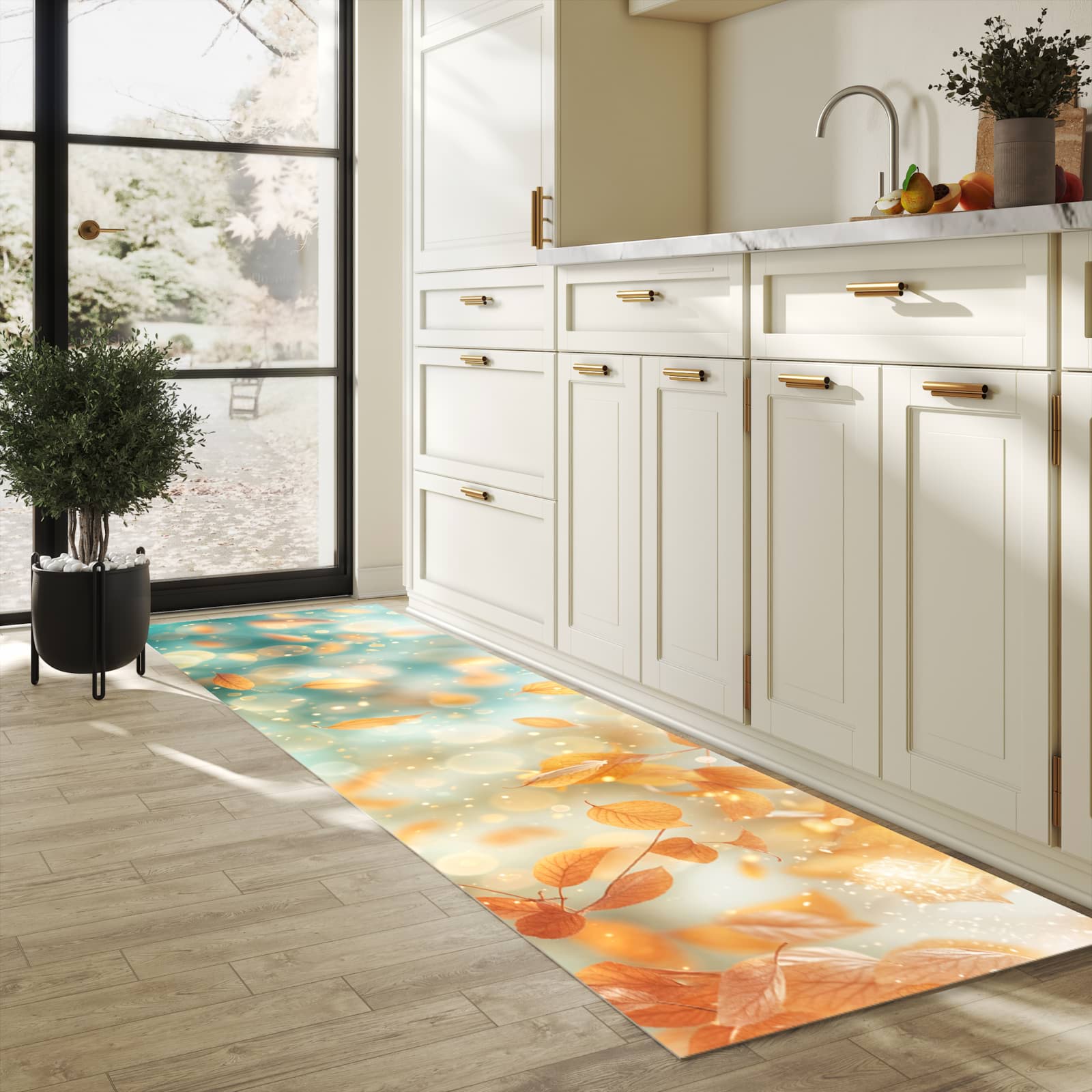 Geruchsneutraler rutschfester Küchenläufer mit Motiv Herbstblätter Traum in heller Küche