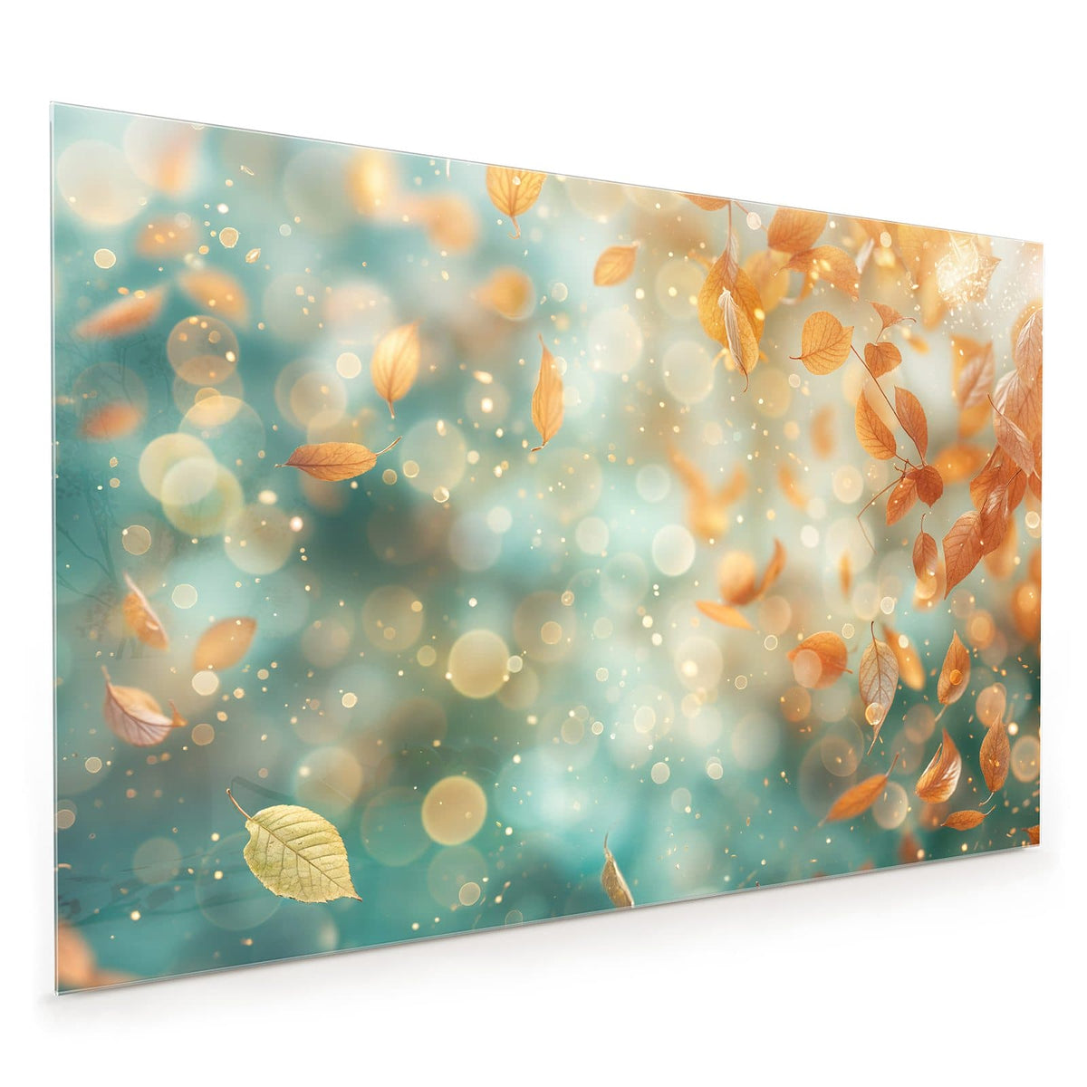 Küchenrückwand aus Glas im Hochformat mit Motiv Goldene Blätter im Flug: Orangegoldene Blätter schweben vor türkisem Bokeh mit Lichtpunkten