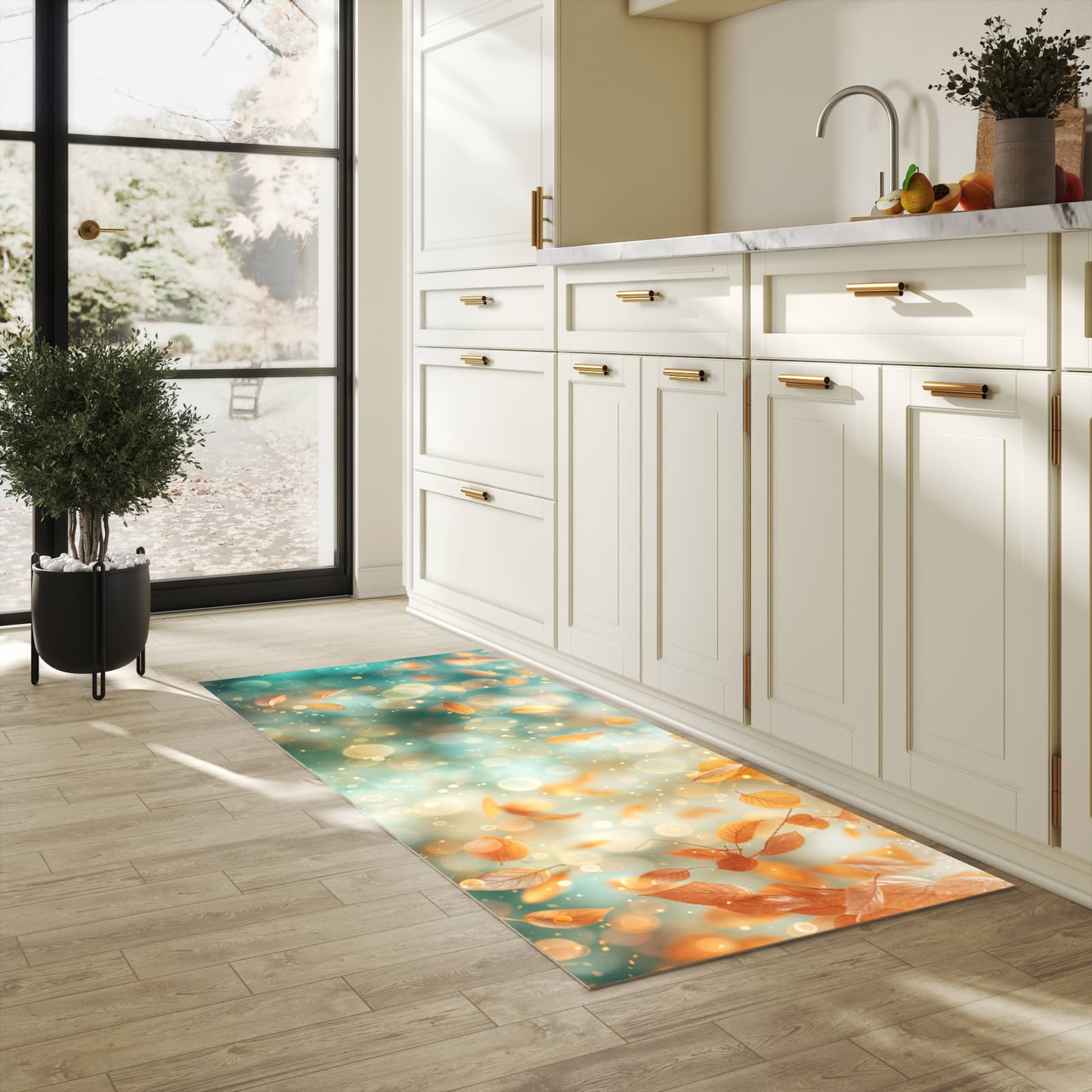 Wasserabweisender Küchenläufer mit Motiv Herbstblätter Traum in heller Küche