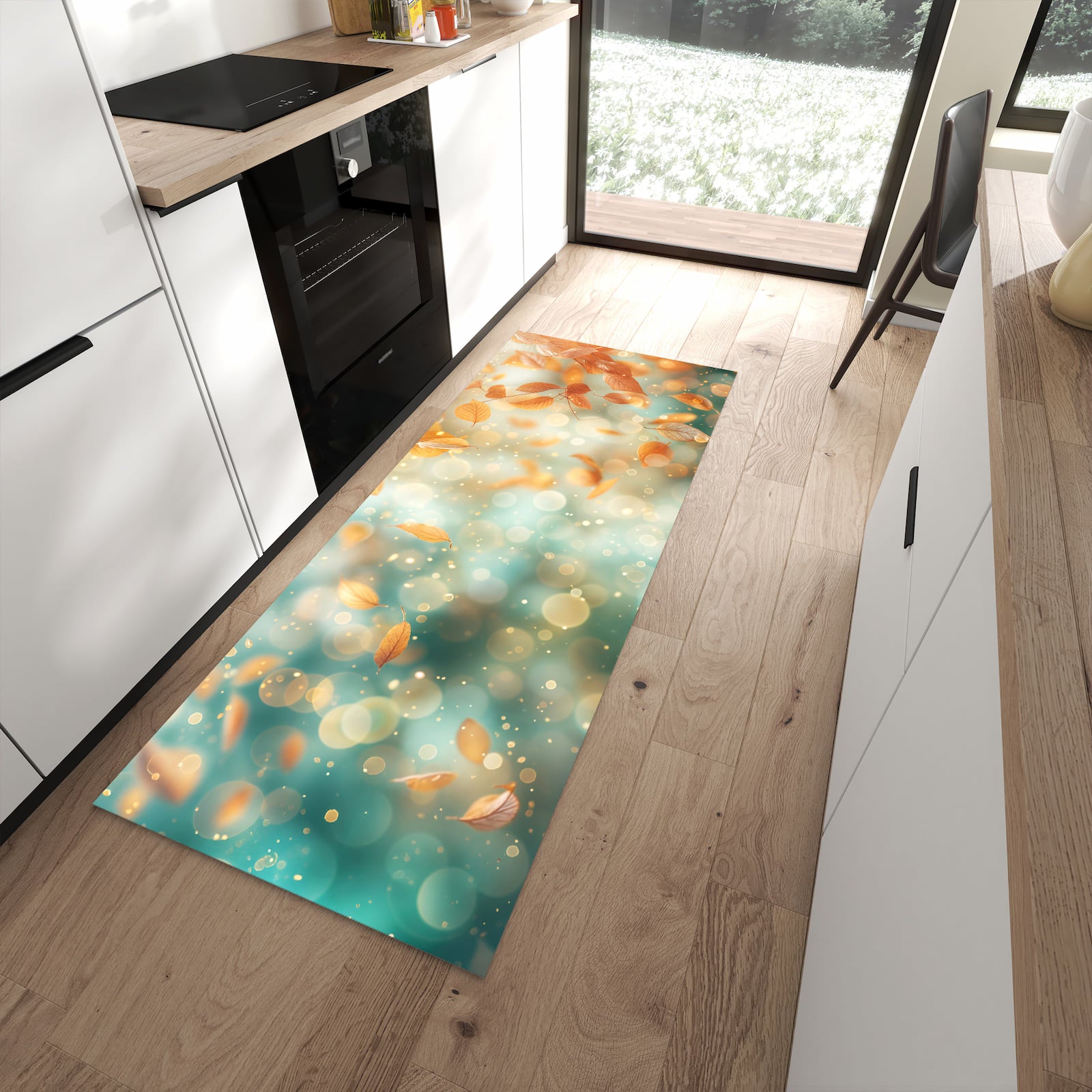 Abriebfester rutschfester Küchenläufer mit Motiv Herbstblätter Traum in moderner Küche