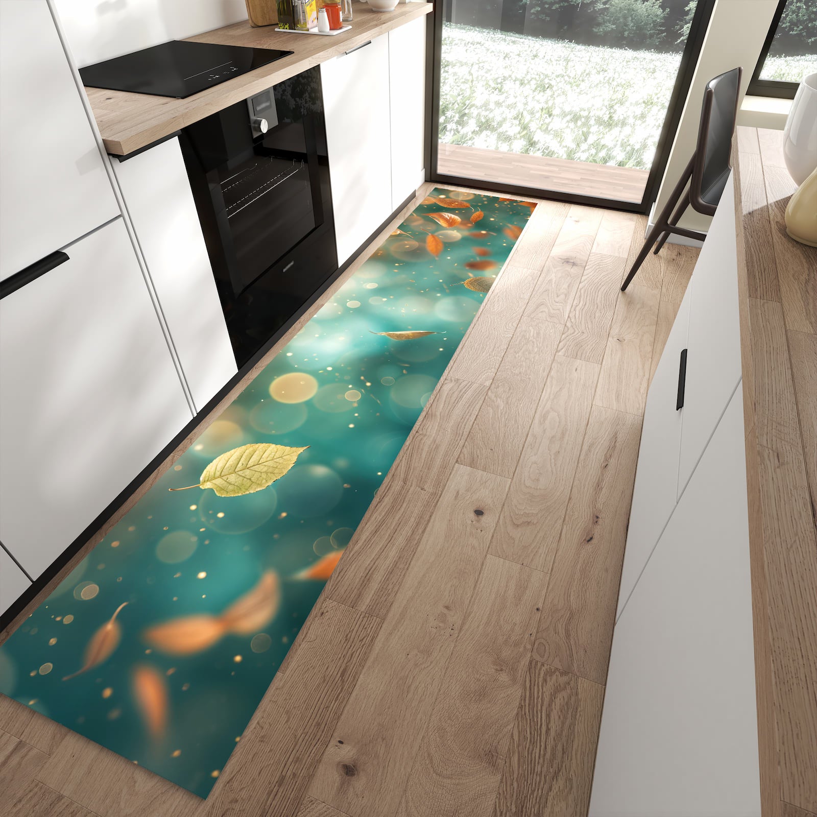 Zeitsparender rutschfester Küchenläufer mit Motiv Herbstblätter Traum in moderner Küche