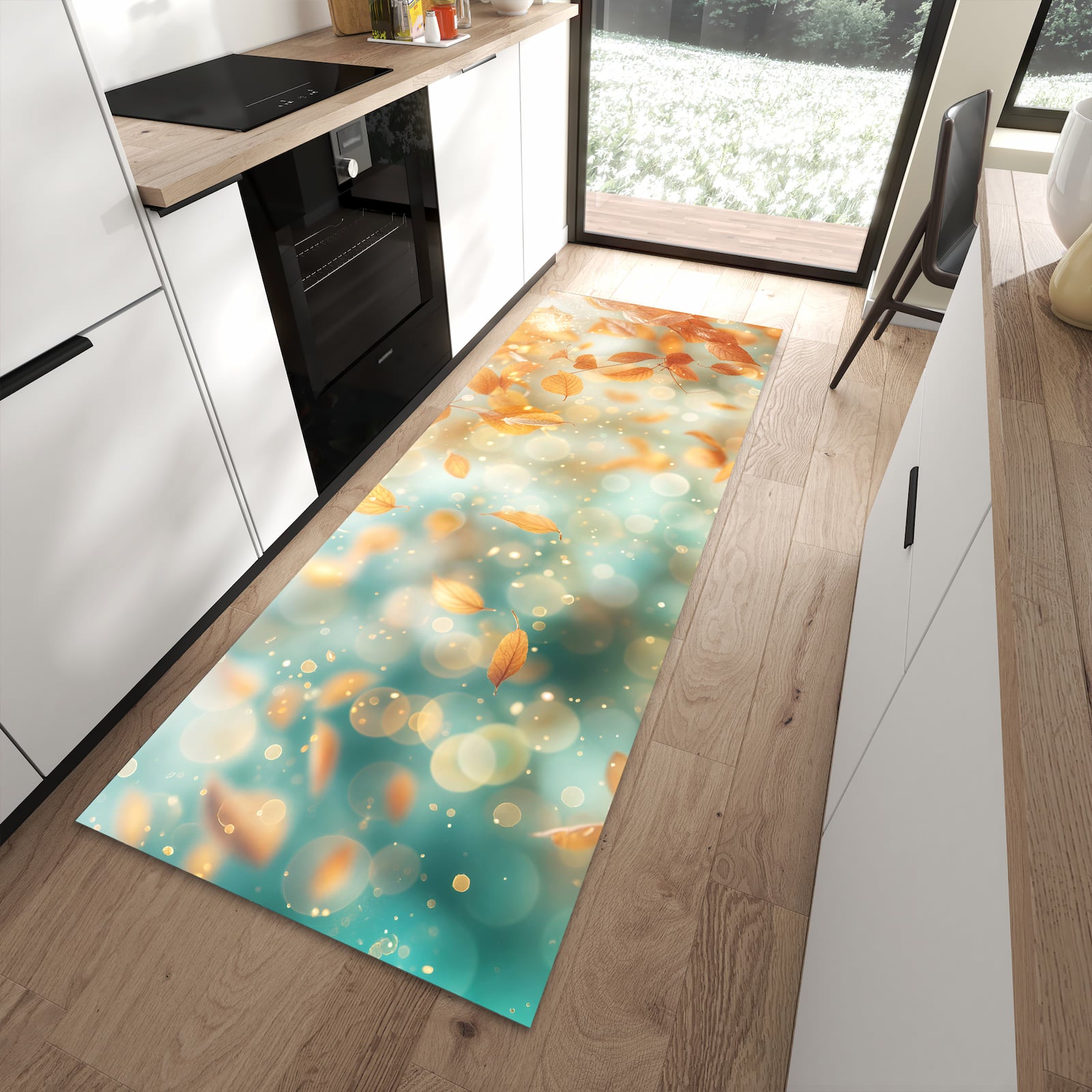 Schmutzabweisender Küchenläufer mit Motiv Herbstblätter Traum in moderner Küche