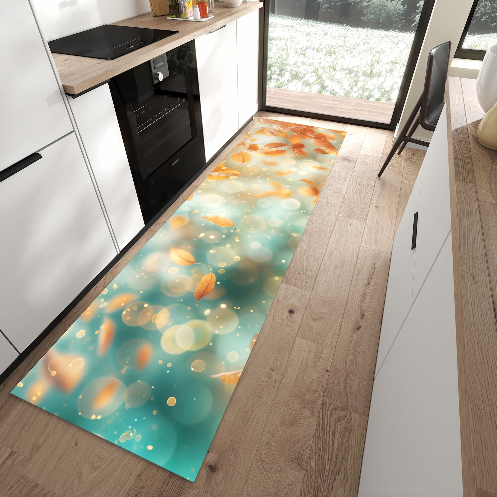 Komfortabler Küchenläufer nach Maß mit Motiv Herbstblätter Traum in moderner Küche