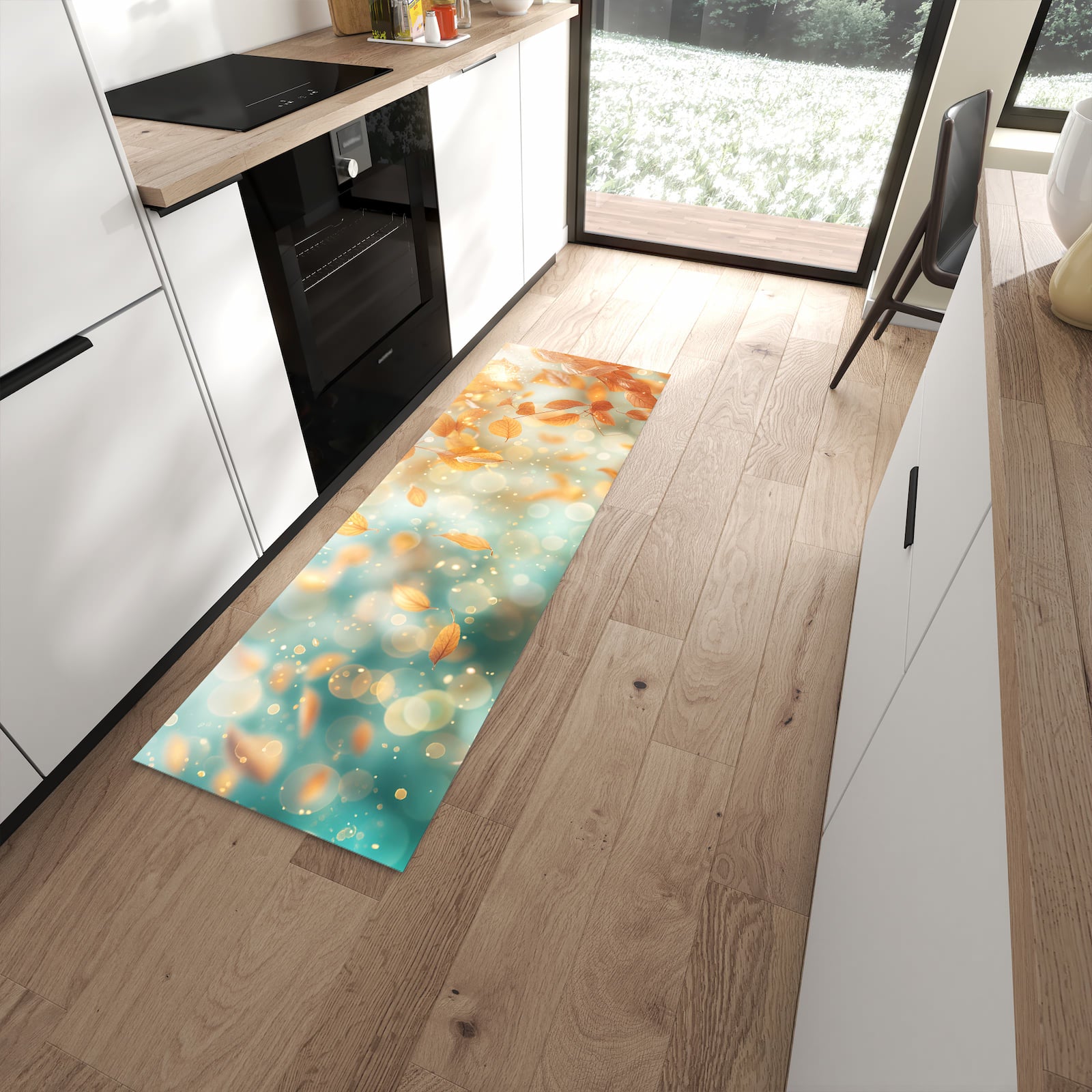 Farbbeständiger waschbarer Küchenläufer mit Motiv Herbstblätter Traum in moderner Küche