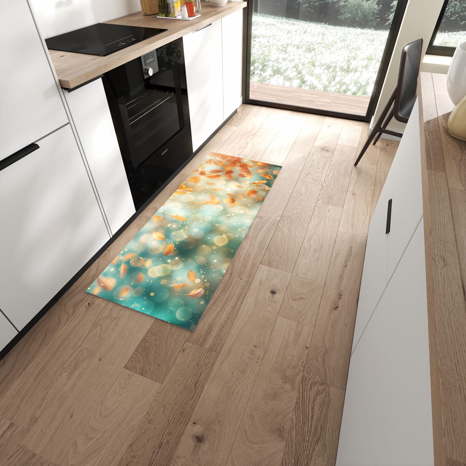 Bodenschonender Küchenläufer mit Motiv Herbstblätter Traum in moderner Küche #grösse_60 x 150 cm