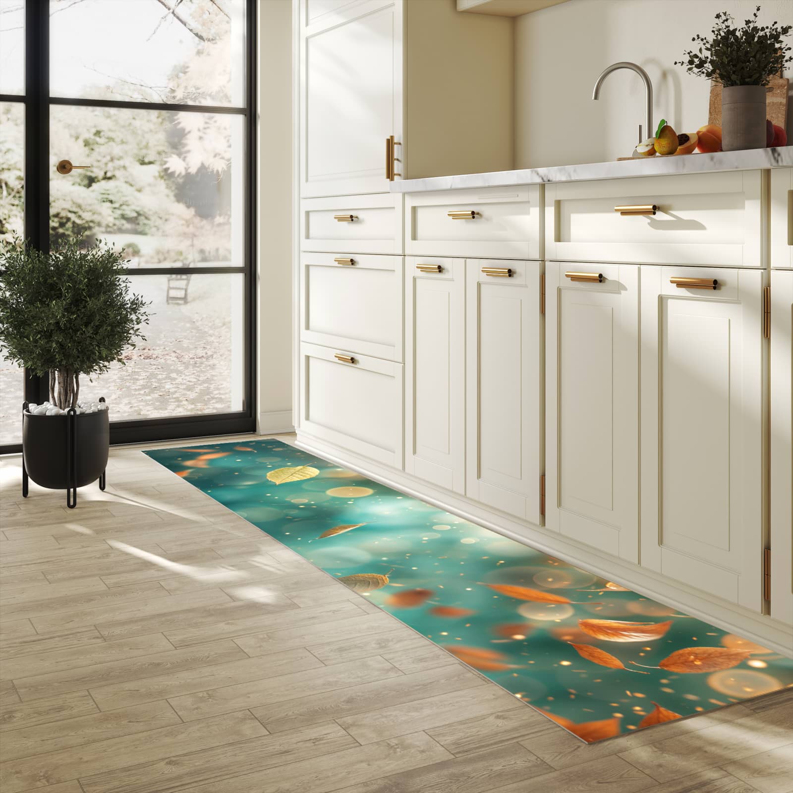 UV-beständiger Küchenläufer mit Motiv Herbstblätter Traum in heller Küche