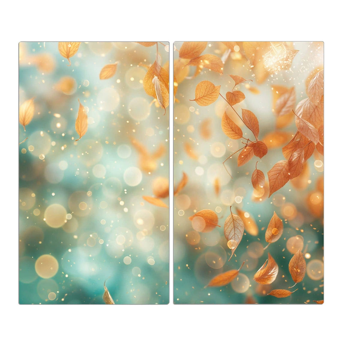 Orangegoldene Blätter schweben vor türkisem Bokeh mit Lichtpunkten