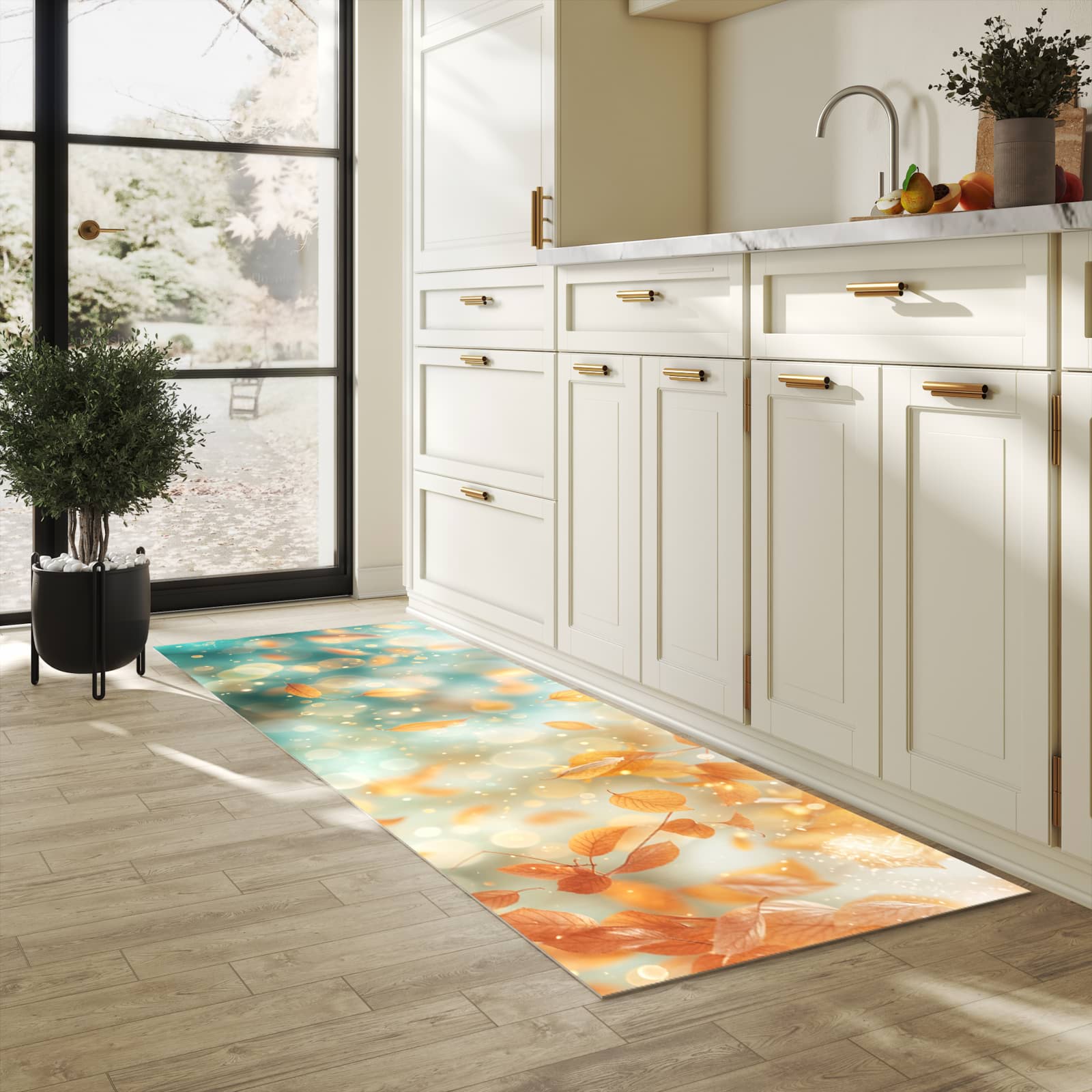 Fleckenresistenter Küchenläufer mit Motiv Herbstblätter Traum in heller Küche