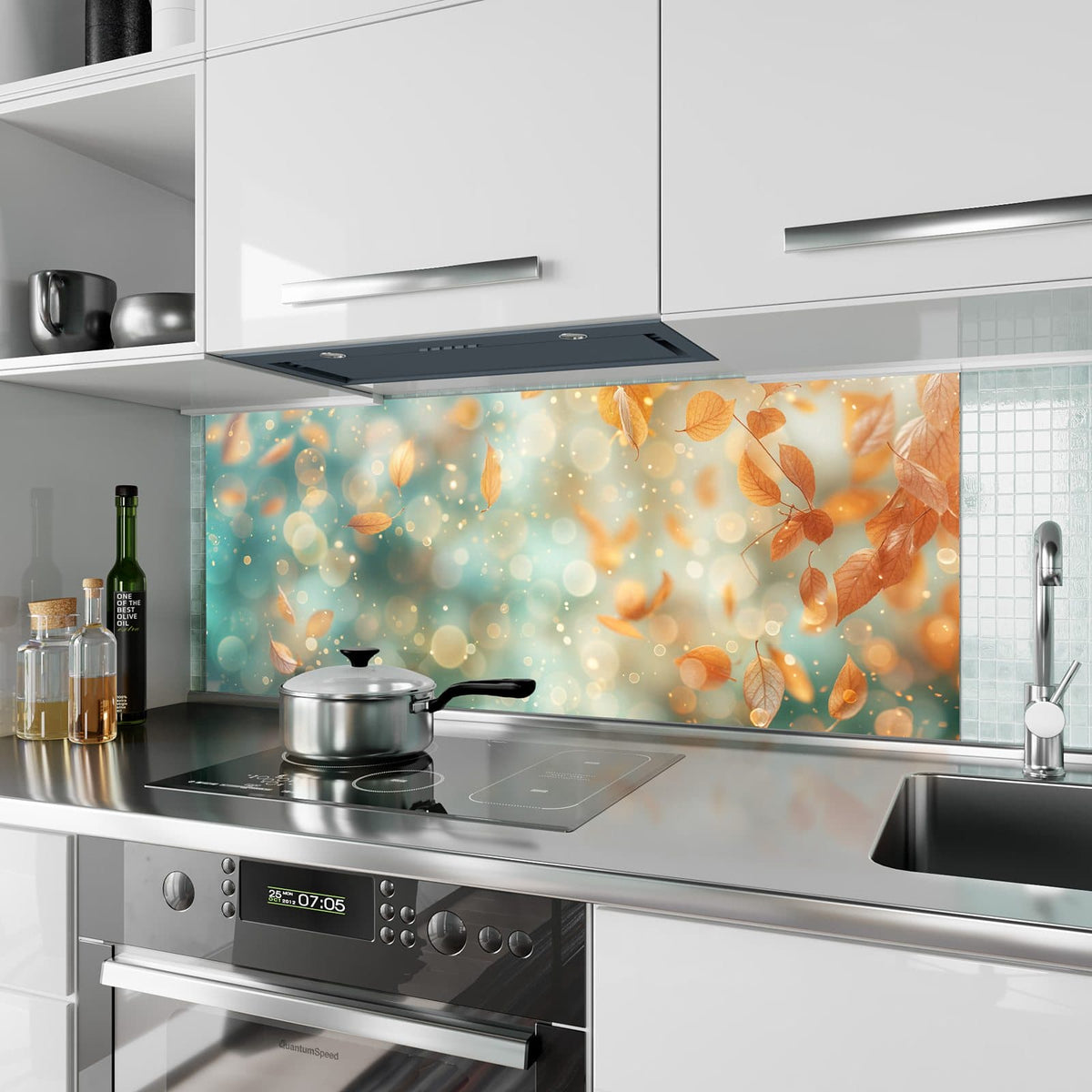 Küchenrückwand aus Glas Goldene Blätter im Flug im Hochformat als Spritzschutz hinter dem Kochfeld, über dem Fliesenspiegel montiert