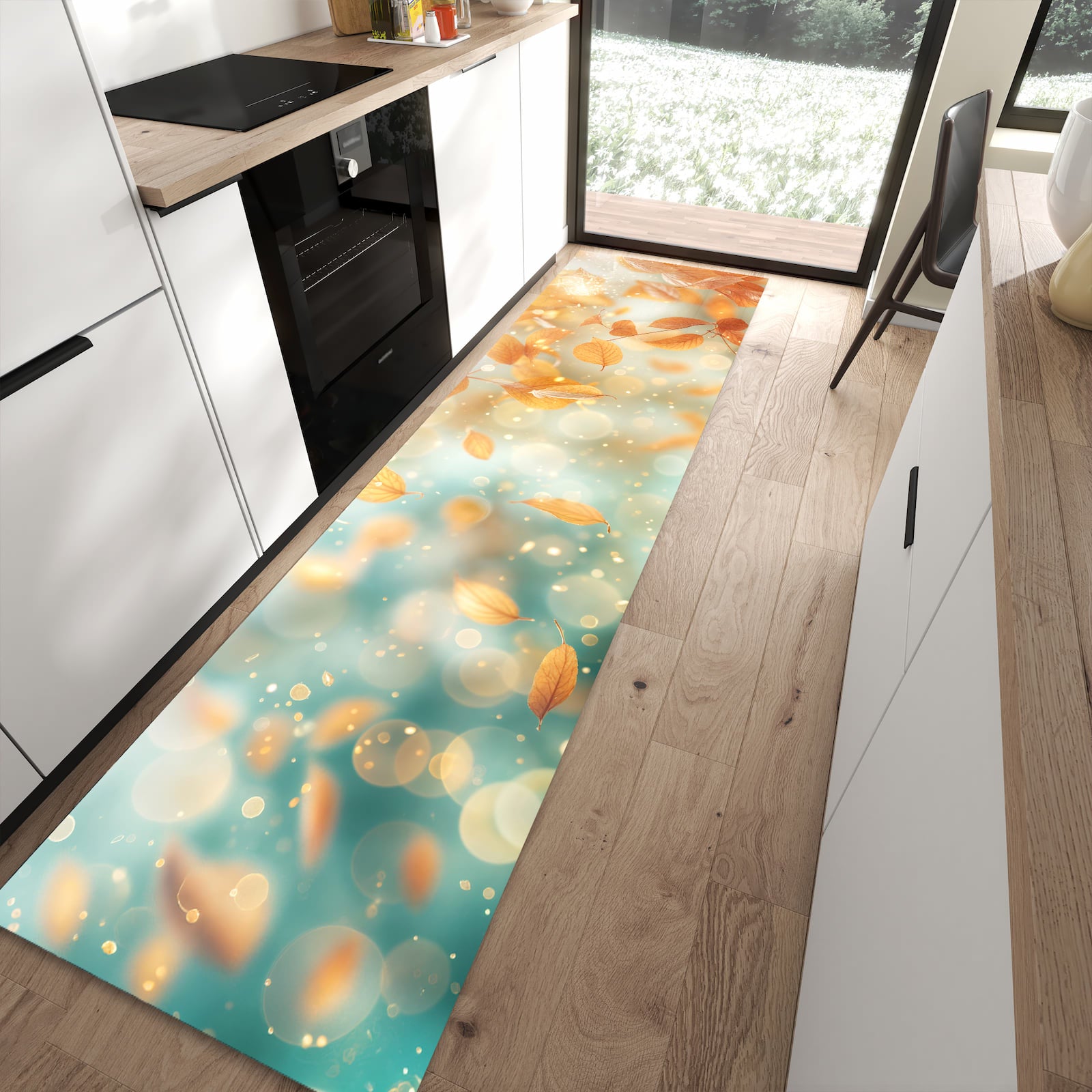 Wasserabweisender Küchenläufer mit Motiv Herbstblätter Traum in moderner Küche
