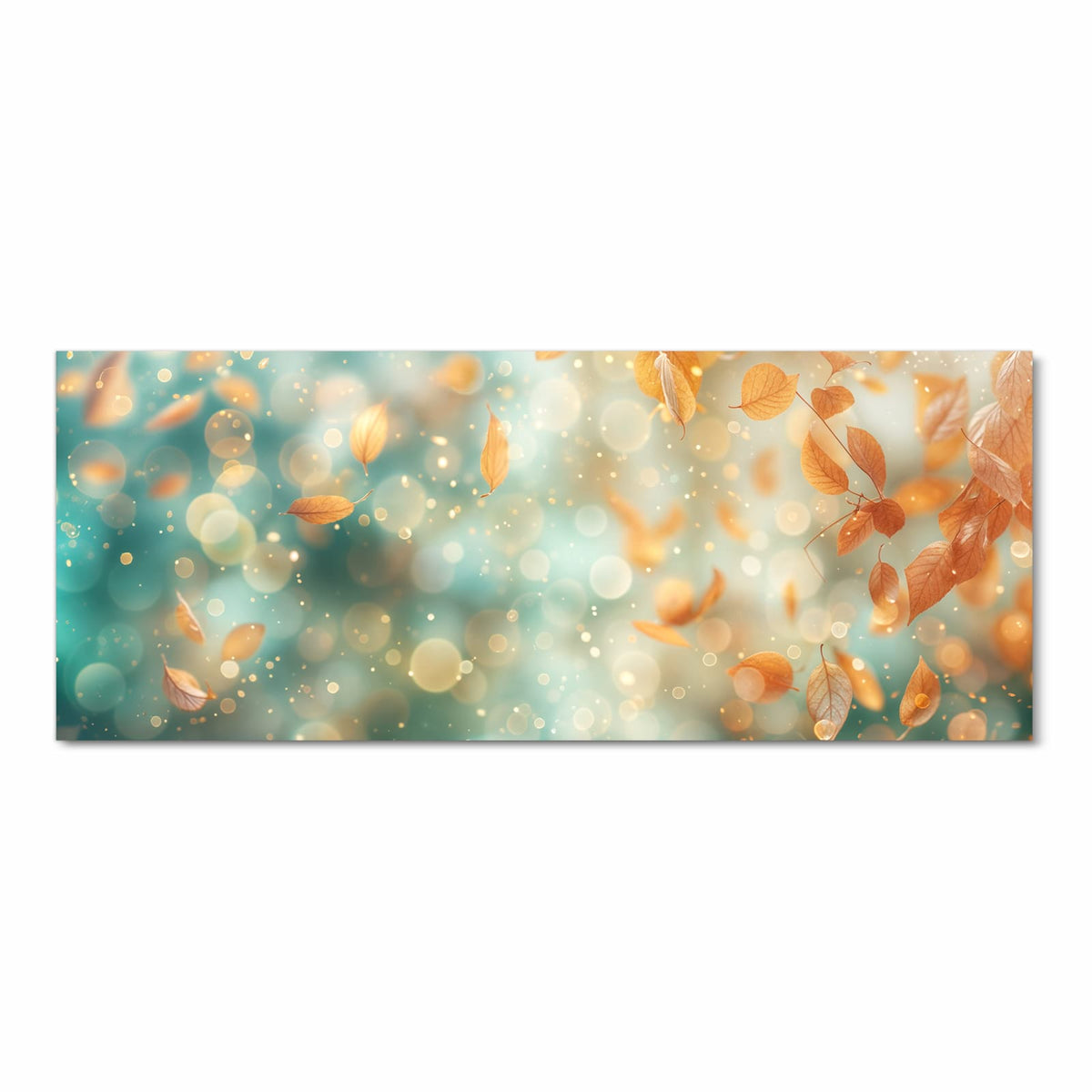 Orangegoldene Blätter schweben vor türkisem Bokeh mit Lichtpunkten