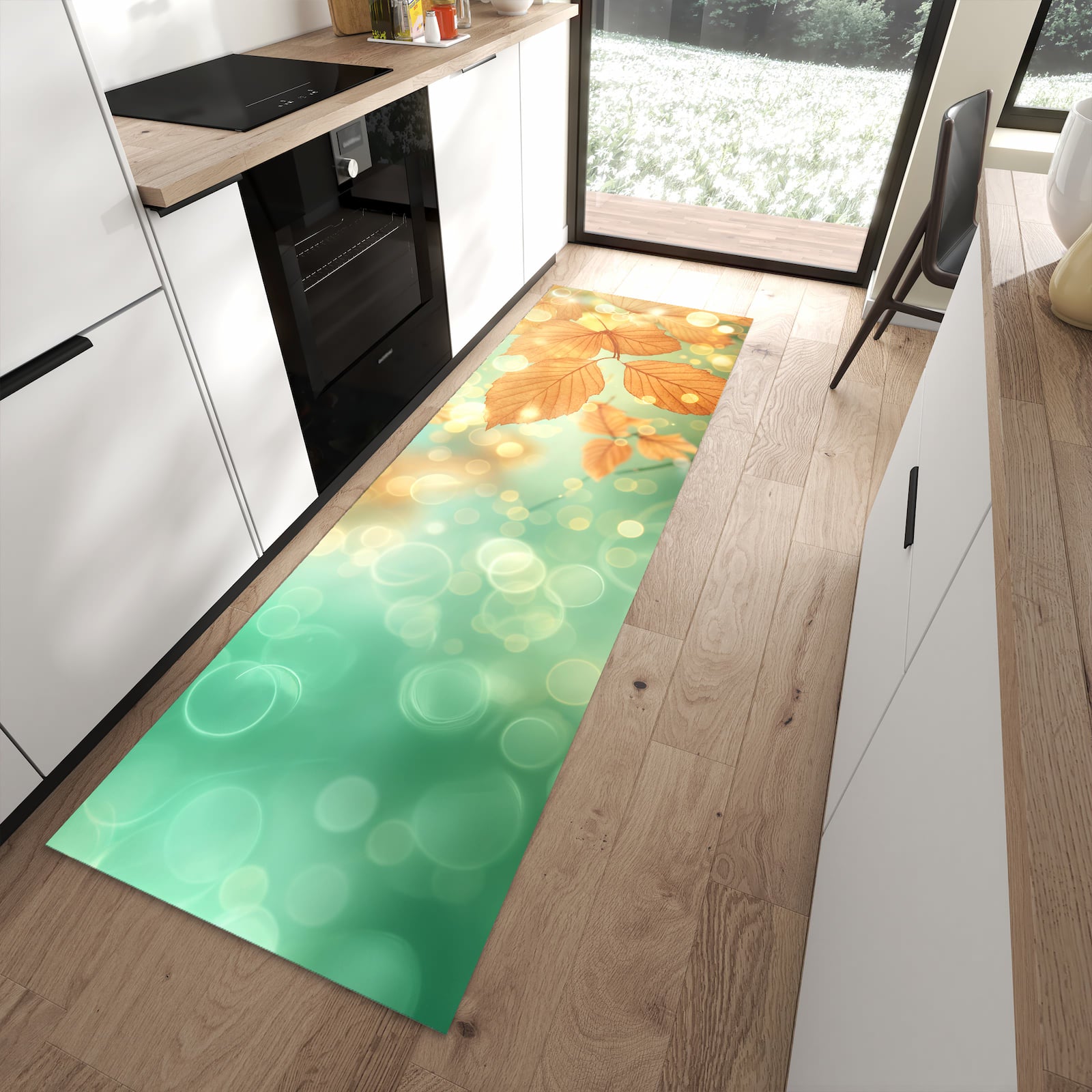 Waschbarer Küchenteppich mit Motiv Herbstliche Blätter in moderner Küche