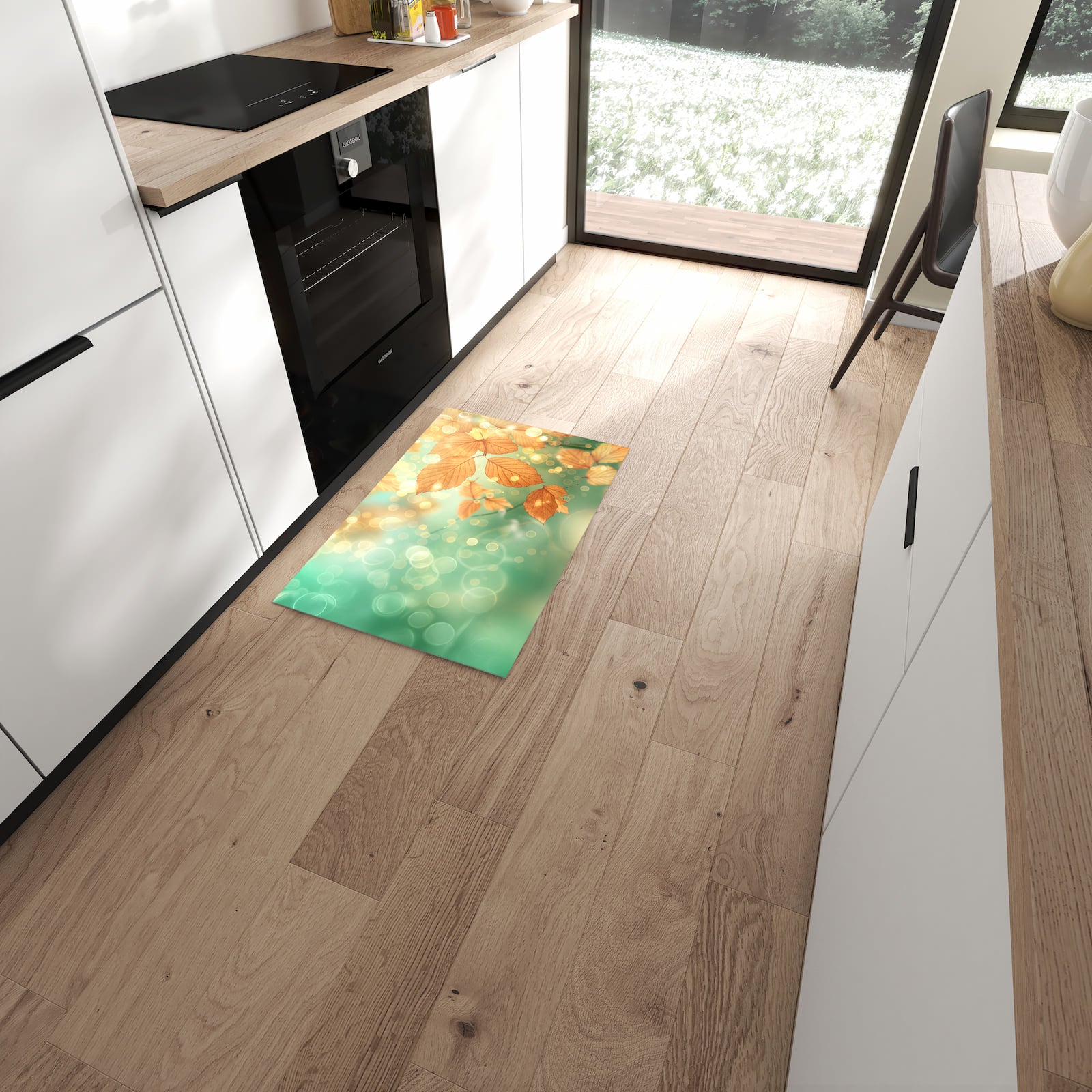 Hygienischer rutschfester Küchenteppich mit Motiv Herbstliche Blätter in moderner Küche