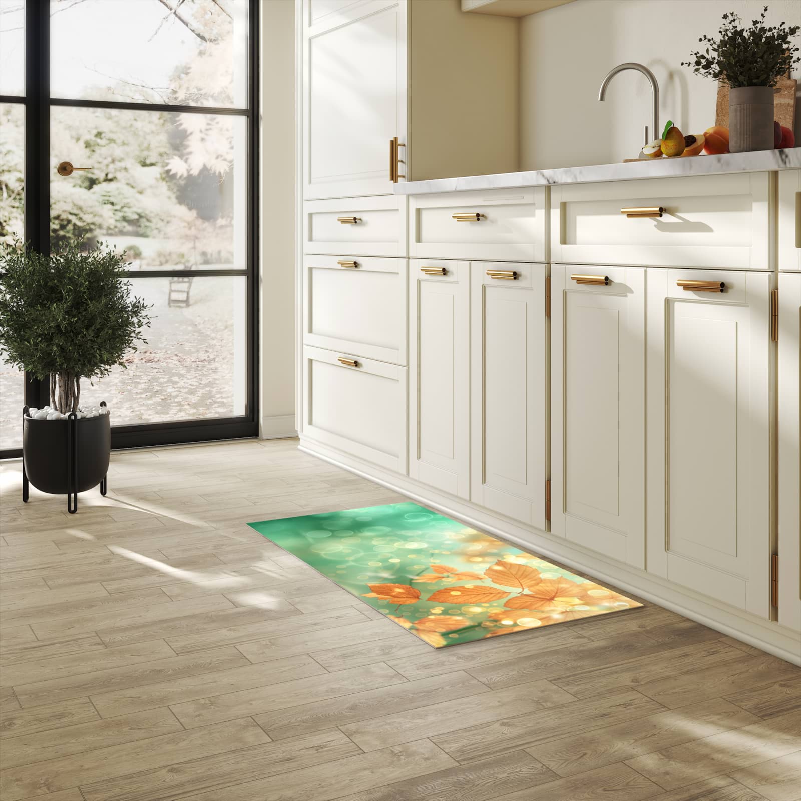 Rutschhemmender dünner Teppich mit Motiv Herbstliche Blätter in heller Küche