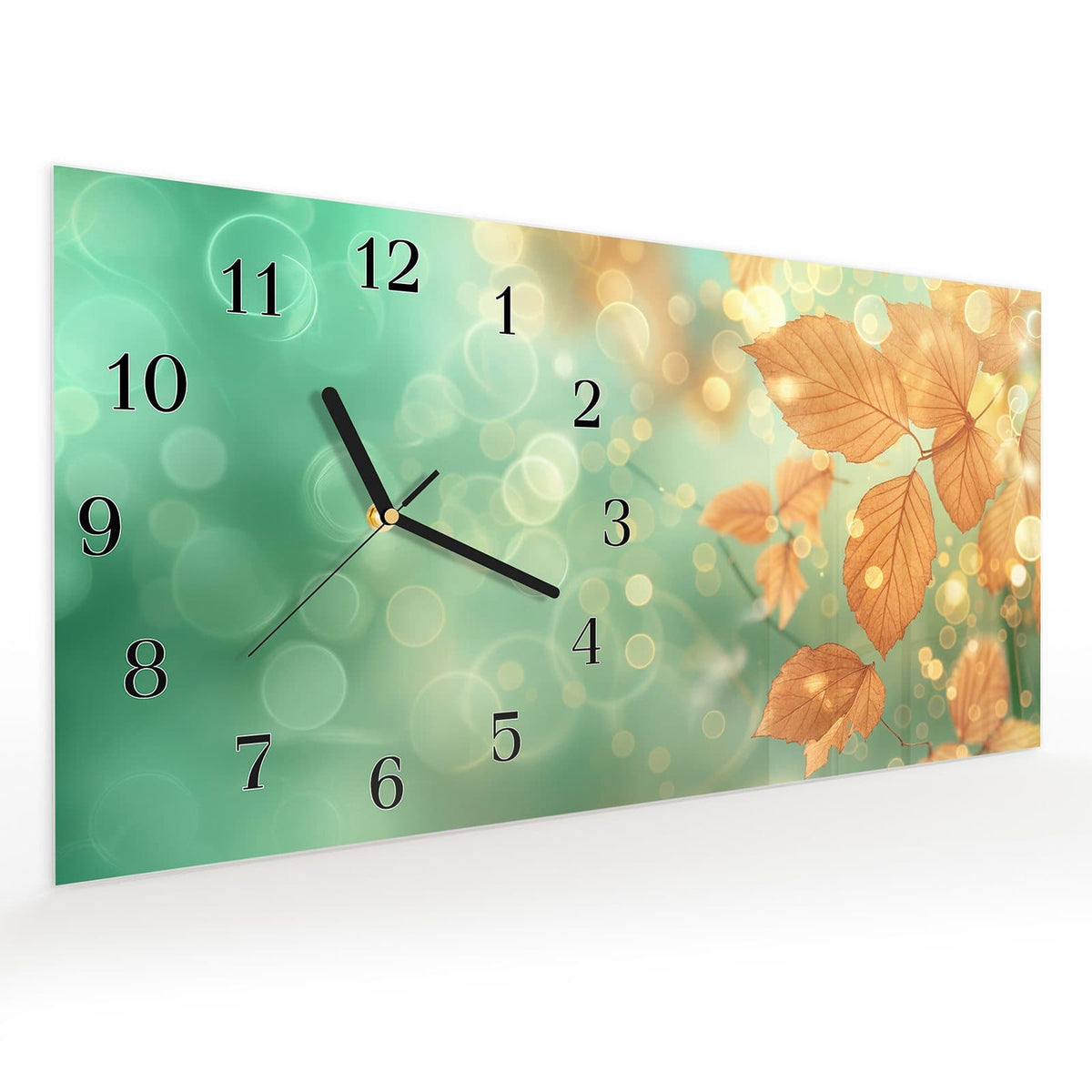 Vormontiert – mit Schwebeeffekt – Wanduhr Herbstliche Blätter aus Glas – Querformat 60 × 30 cm