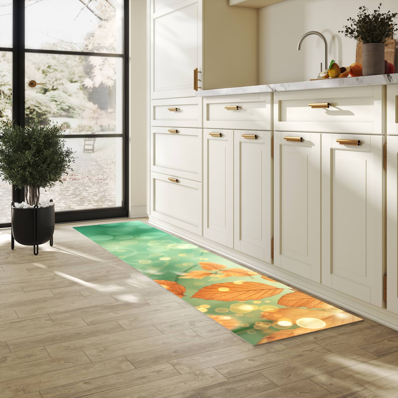 Strapazierfähiger Teppich für Esstisch mit Motiv Herbstliche Blätter in heller Küche