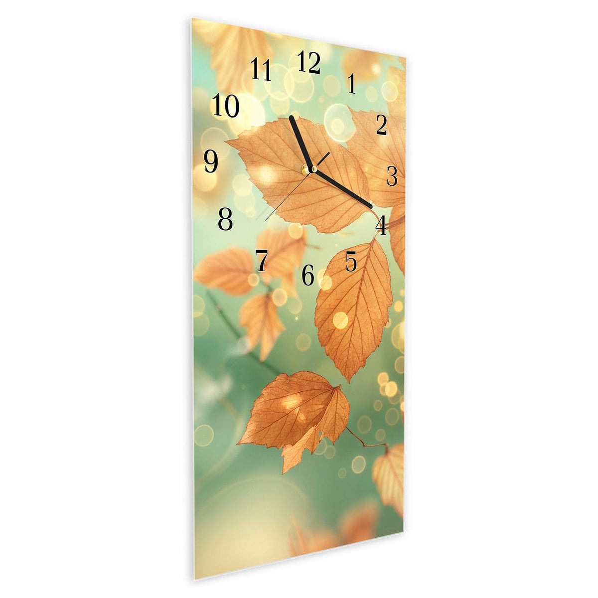 Vormontiert – mit Schwebeeffekt – Wanduhr Herbstliche Blätter aus Glas – Hochformat 30 × 60 cm
