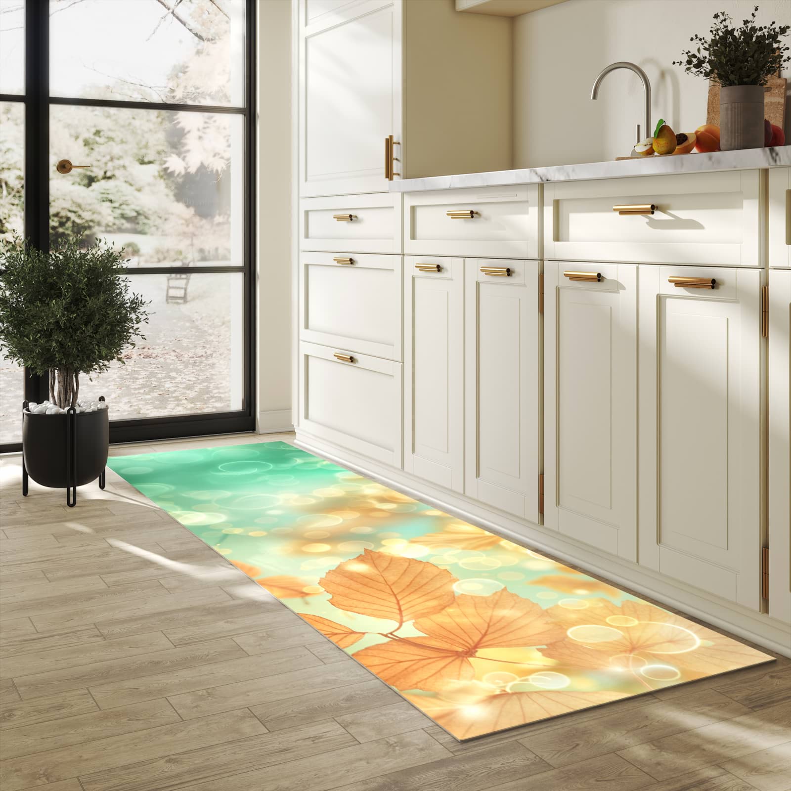 Bodenschonender Küchenteppich mit Motiv Herbstliche Blätter in heller Küche