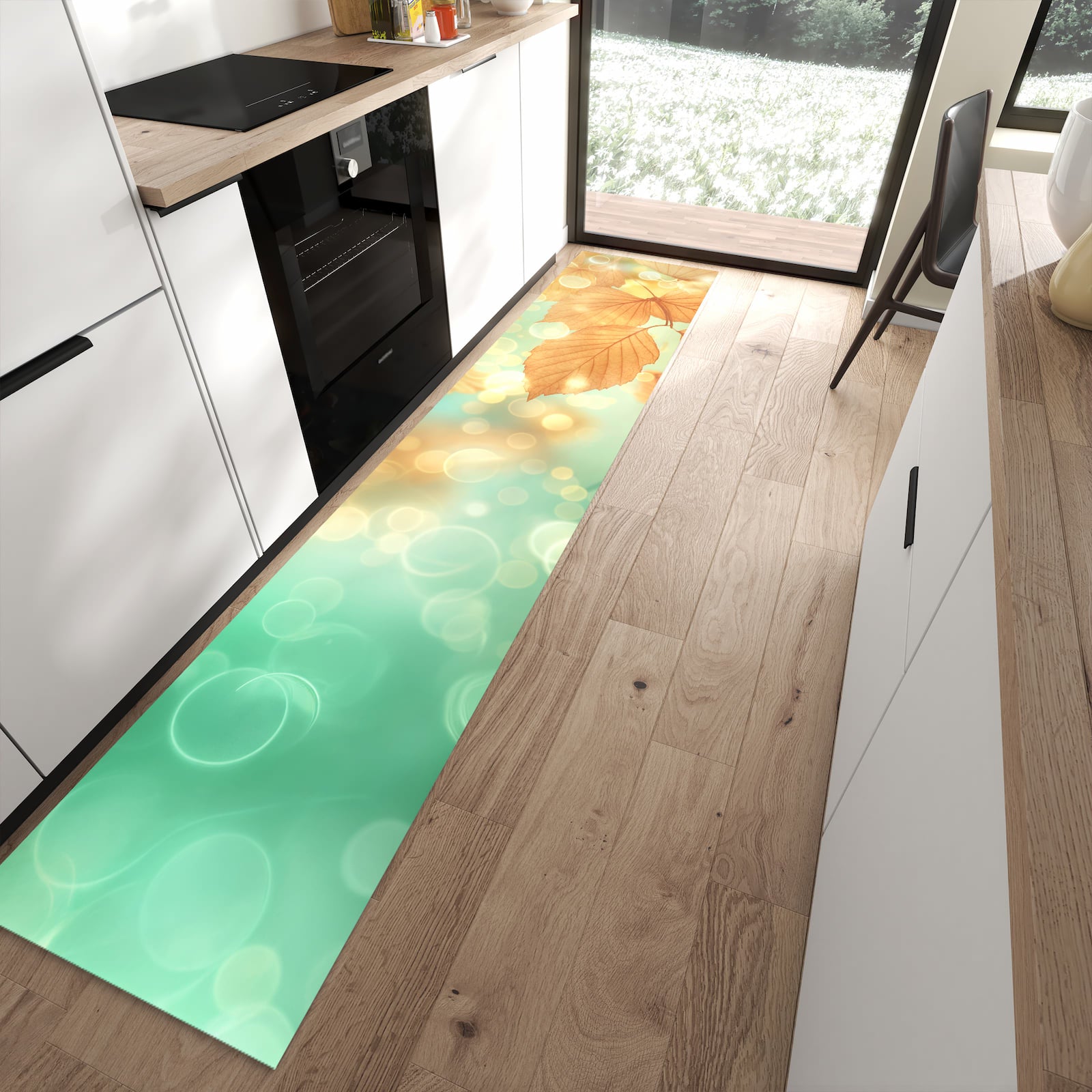 Komfortabler Küchenteppich mit Motiv Herbstliche Blätter in moderner Küche