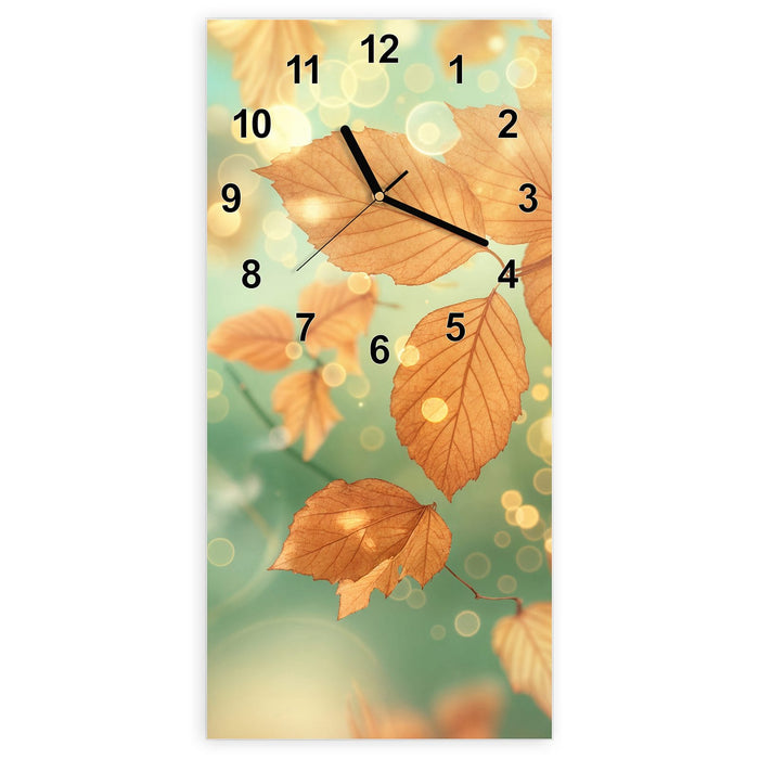 Wanduhr Herbstliche Blätter aus Glas – Hochformat 30 × 60 cm mit Ziffernblatt Modern