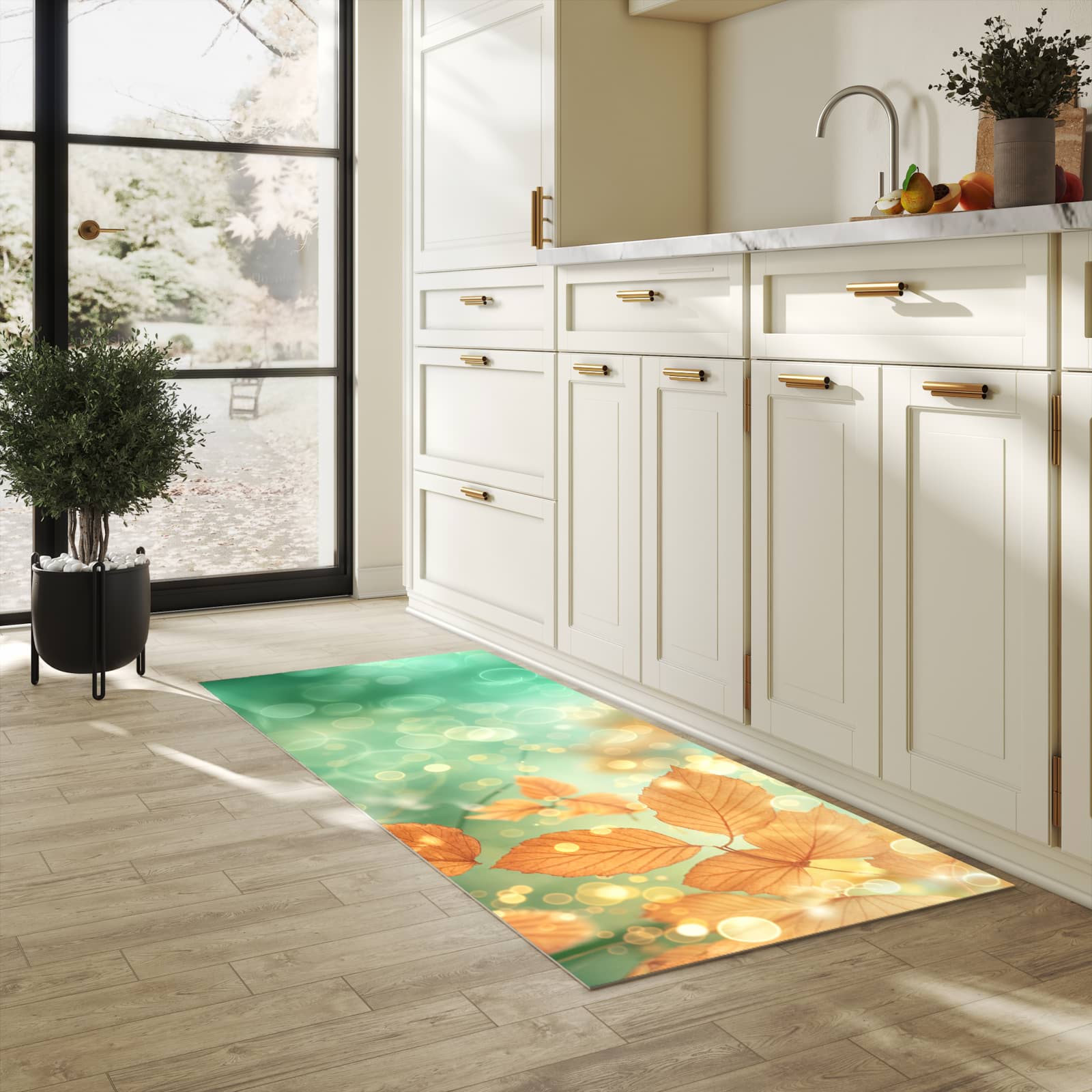 Rutschfester Bodenläufer-Teppich mit Motiv Herbstliche Blätter in heller Küche