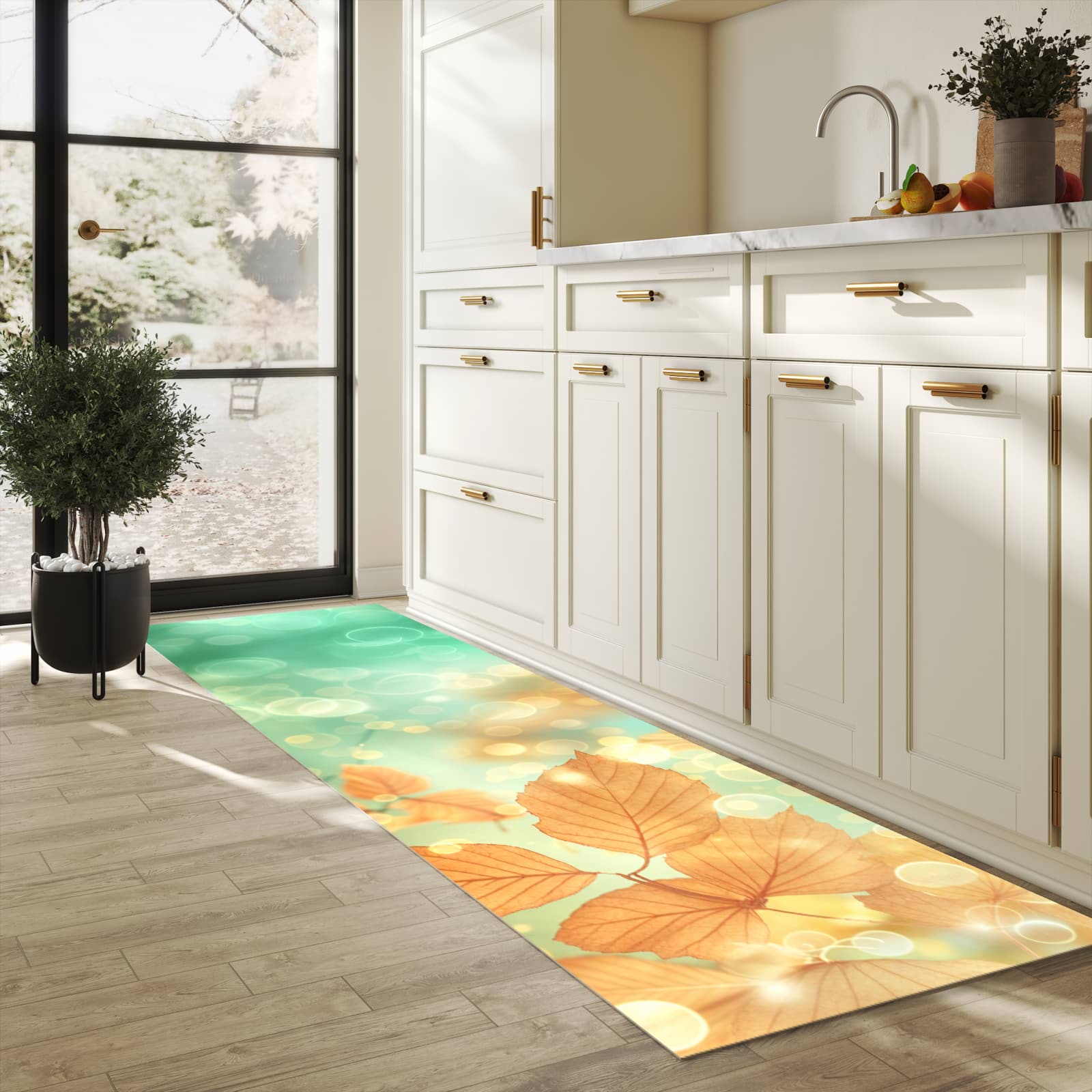 Küchenteppich mit Motiv Herbstliche Blätter für Ordnung & Übersicht in heller Küche