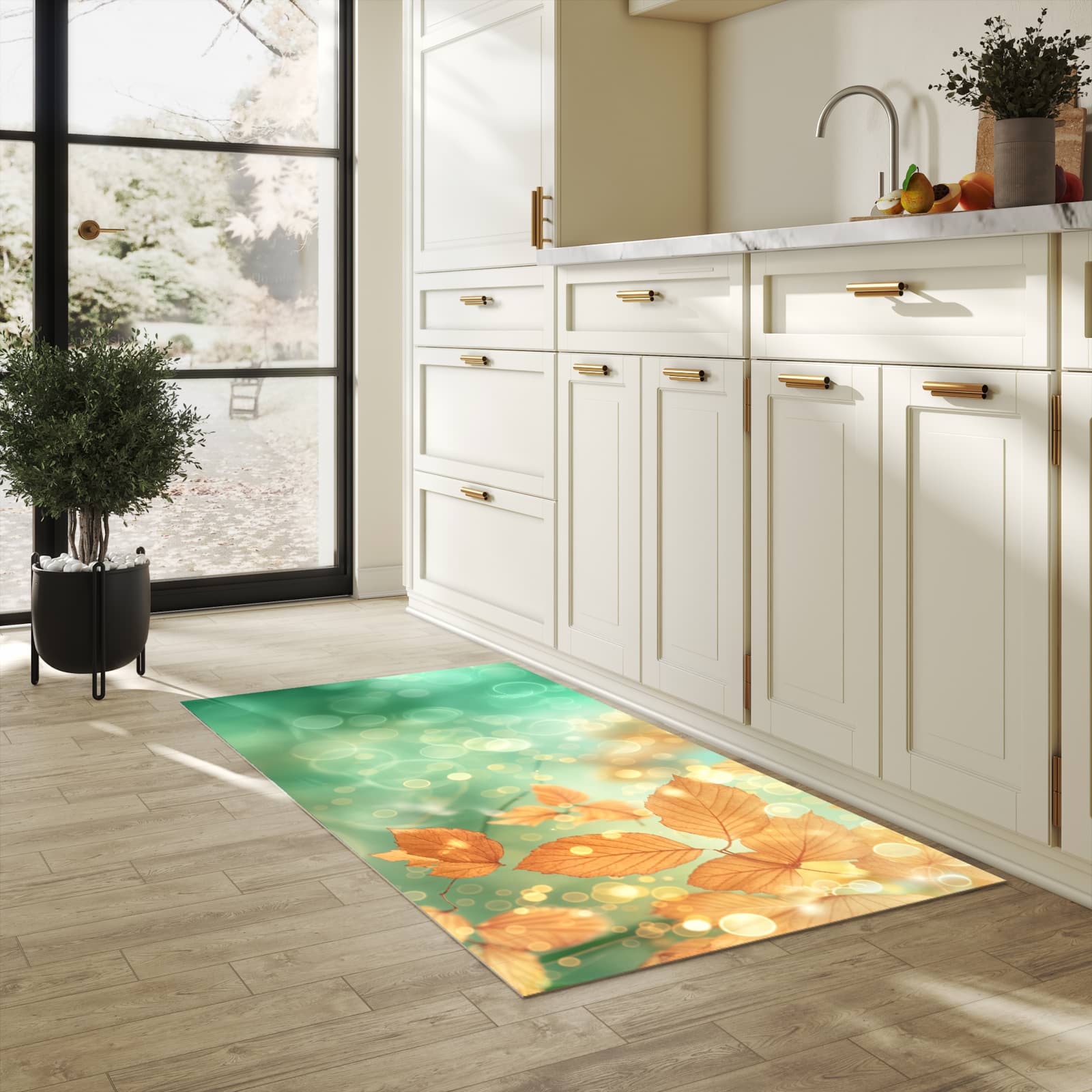 Bodenschonender rutschfester Küchenteppich mit Motiv Herbstliche Blätter in heller Küche