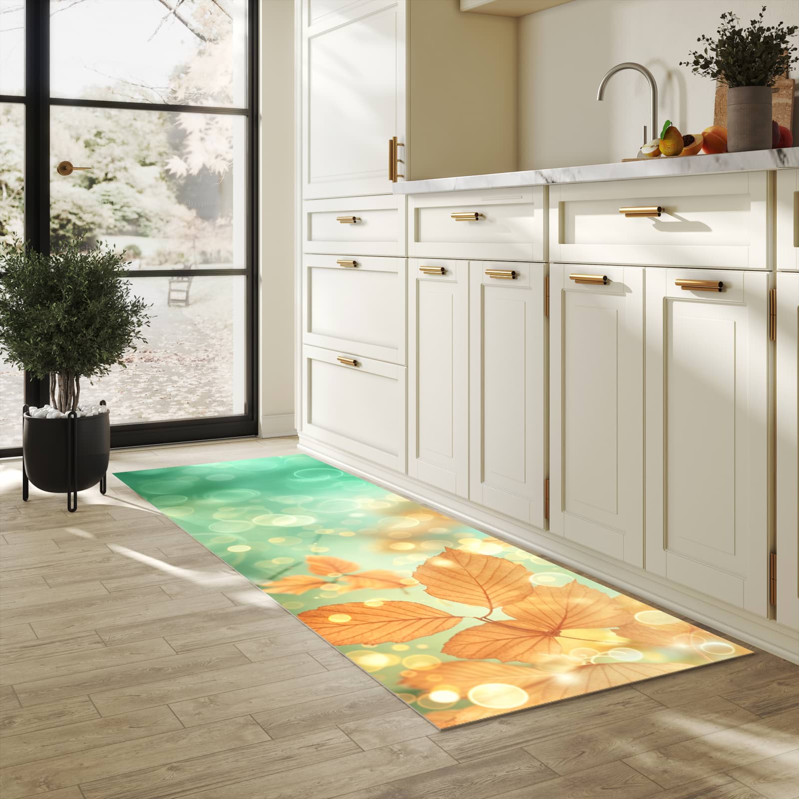 Feuchtigkeitsresistenter Küchenteppich mit Motiv Herbstliche Blätter in heller Küche