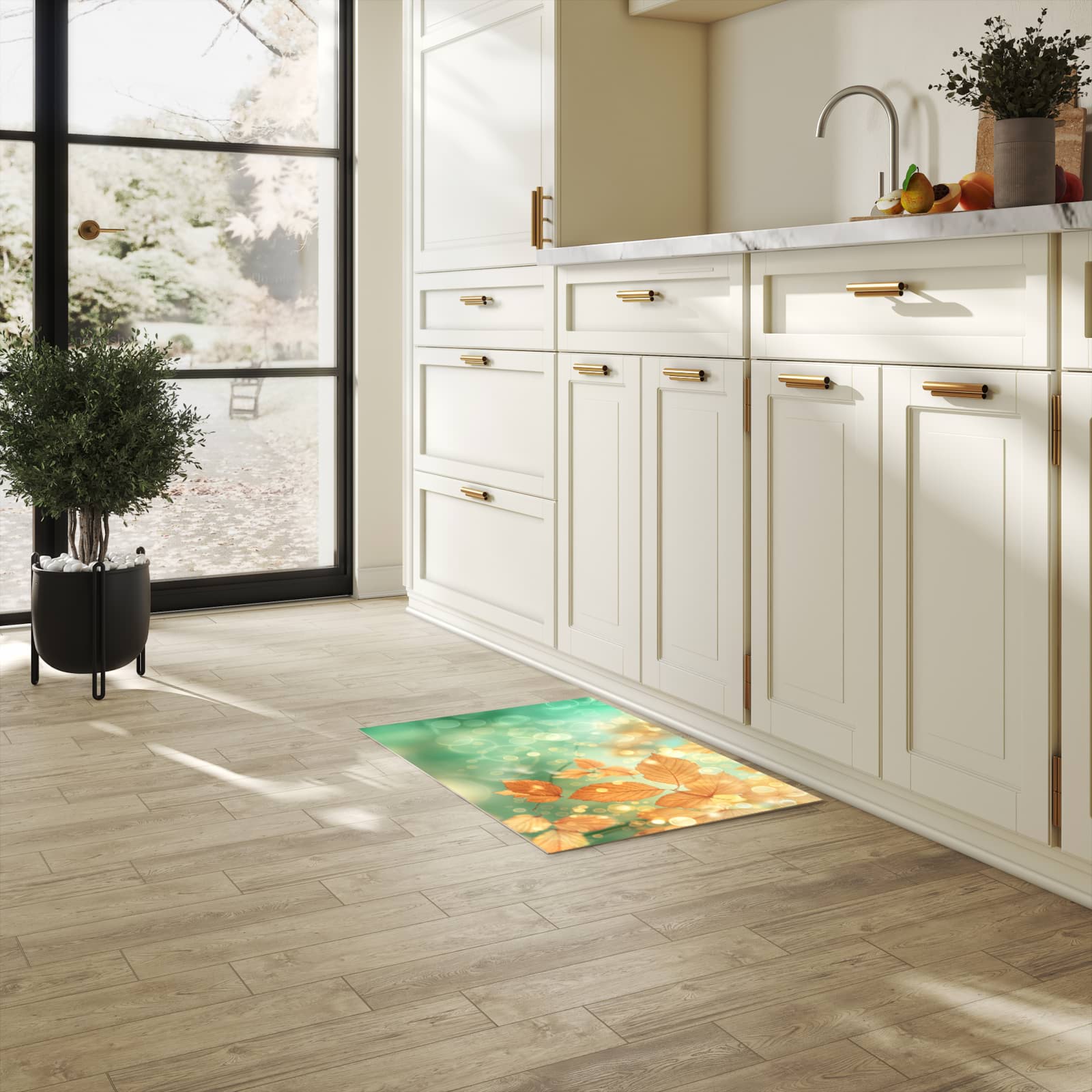 Langlebiger Bodenläufer mit Motiv Herbstliche Blätter in heller Küche