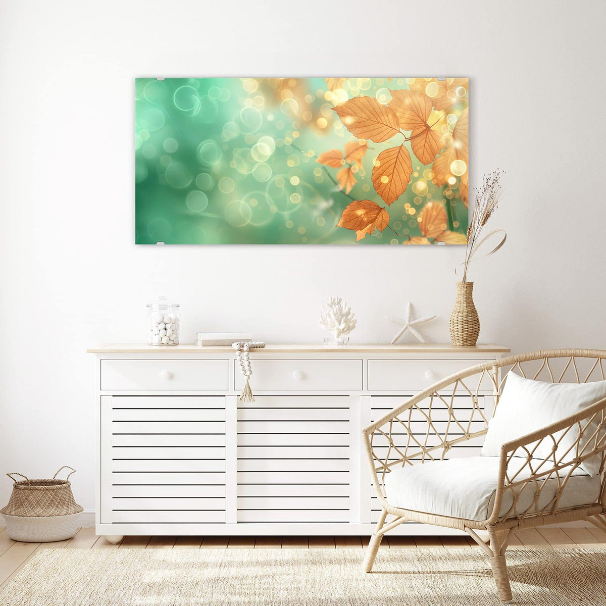 Echtglas, 4 mm – kein Acryl, keine Folie – Wandbild - Blätter vor Türkis - Querformat