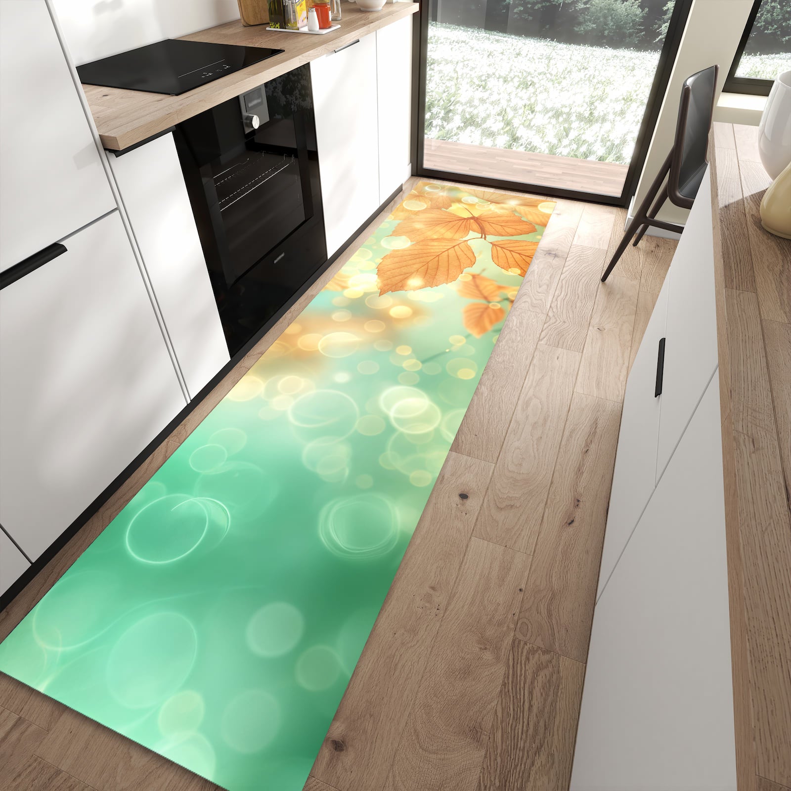 Rutschfester großer Küchenteppich mit Motiv Herbstliche Blätter in moderner Küche